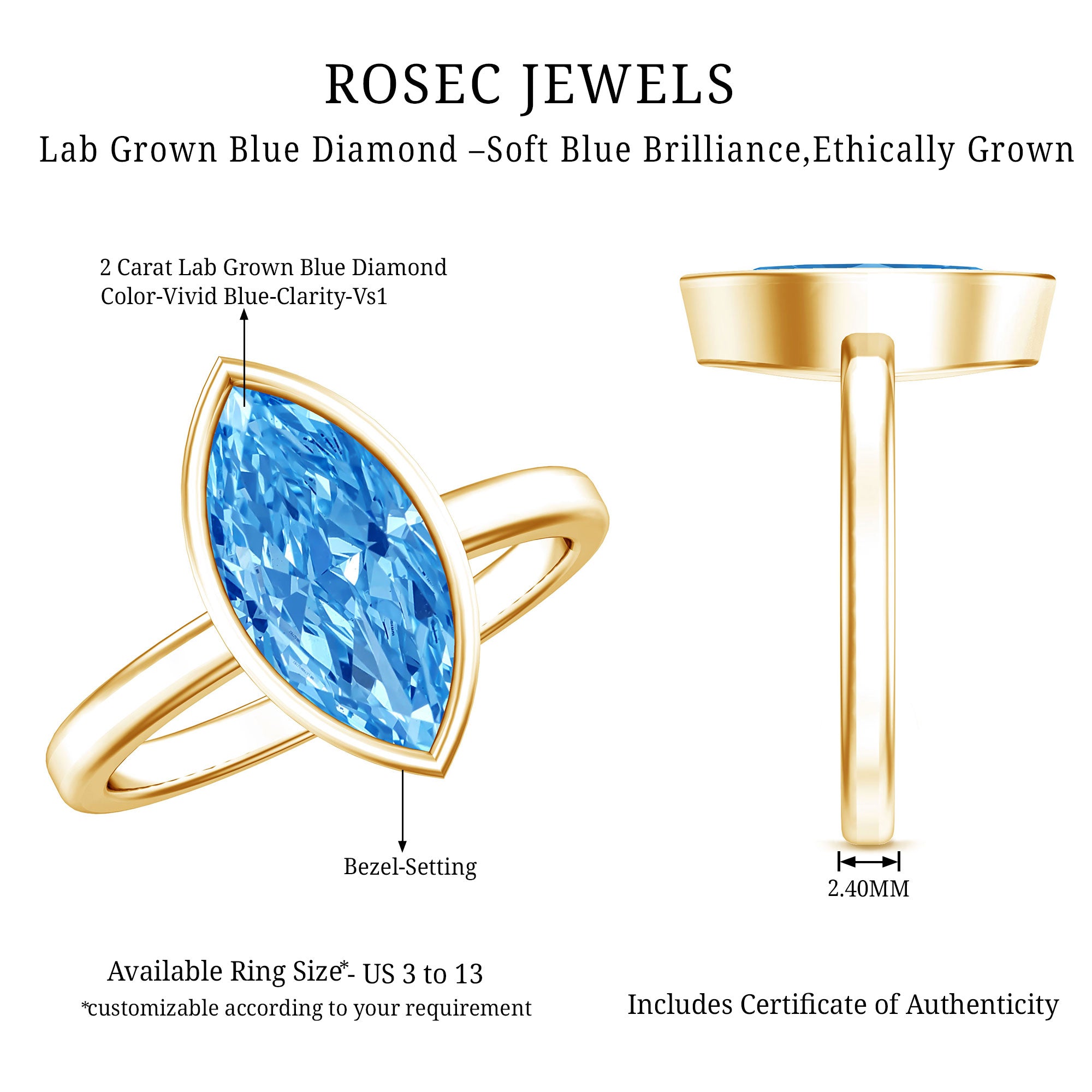 2 Carat Lab Grown Blue Diamond Marquise Solitaire Engagement Ring IGI Certified Vivid Blue - VS1 - Rosec Jewels