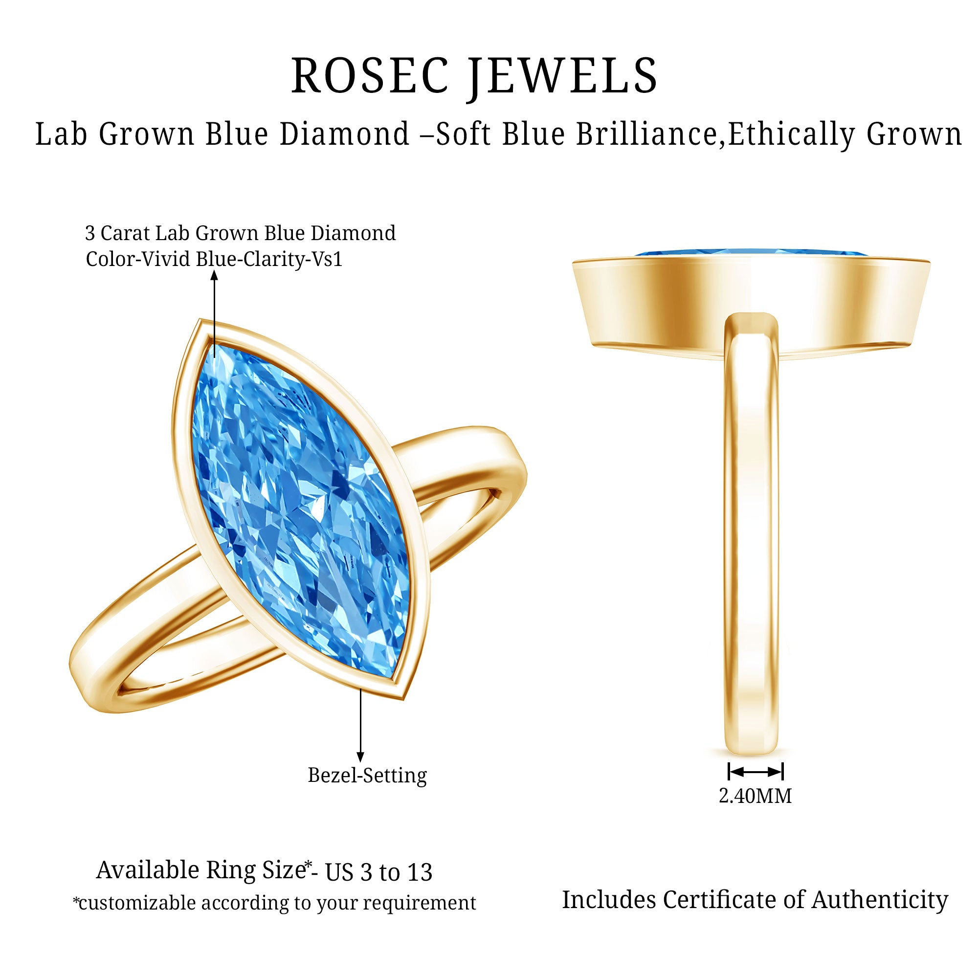 IGI Certified Bezel Set Lab Grown Blue Diamond Marquise Engagement Ring 3 Carat Vivid Blue - VS1 - Rosec Jewels