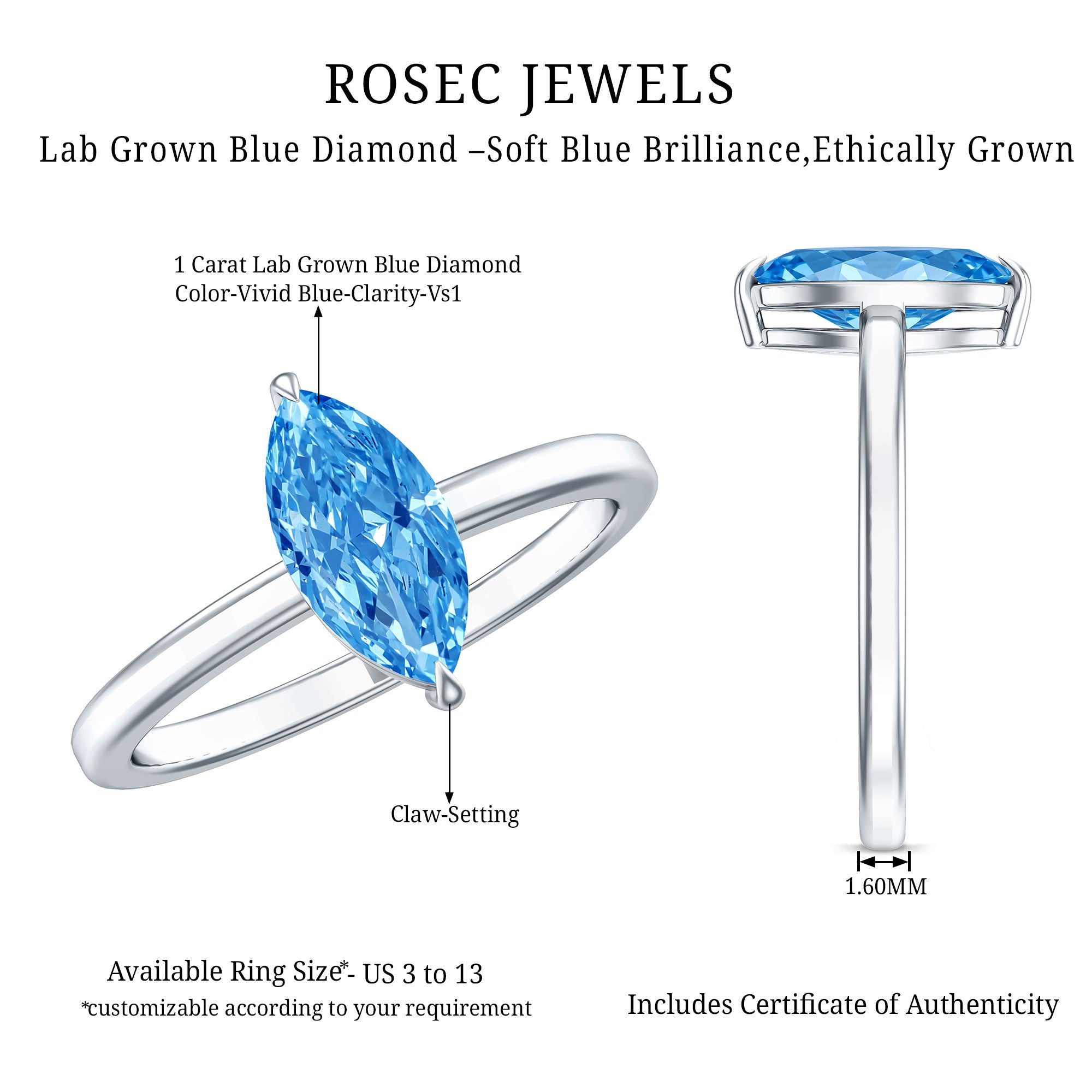 Solitaire 1 Carat Marquise Cut Lab Grown Blue Diamond Engagement Ring with IGI Certificate Vivid Blue - VS1 - Rosec Jewels