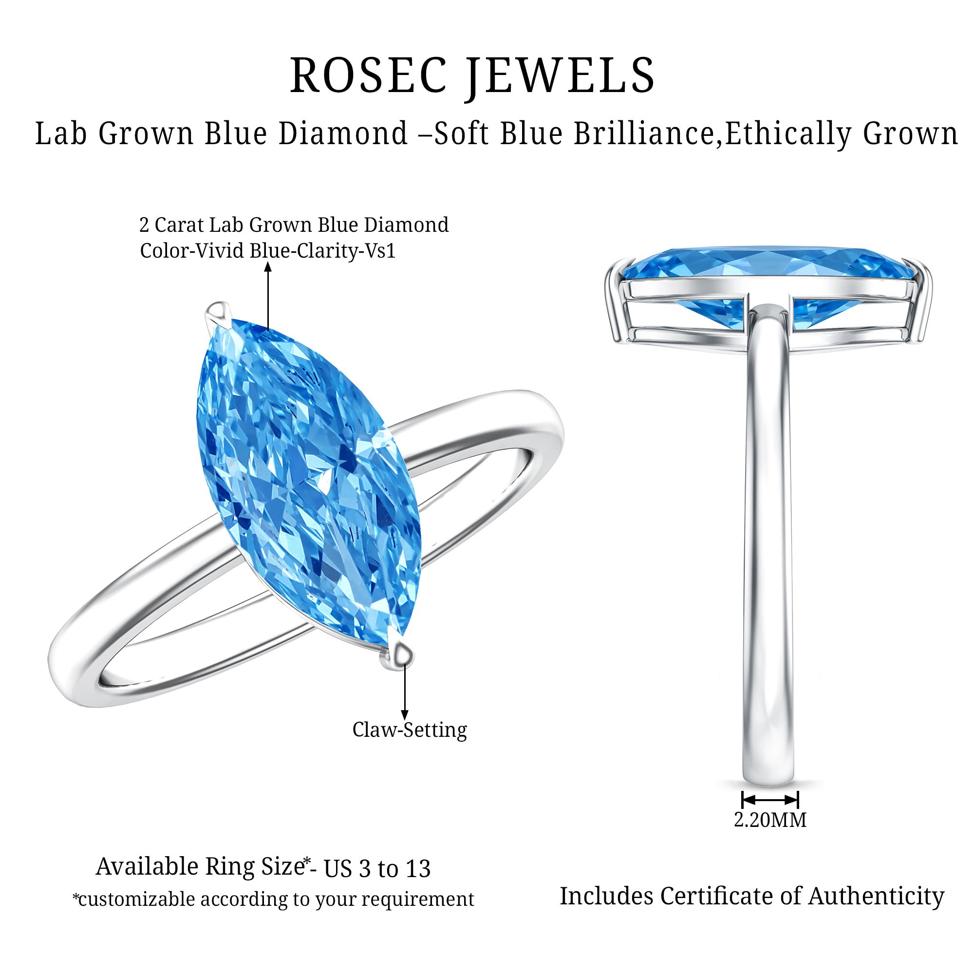 2 Carat Marquise Cut Engagement Ring with IGI Certified Lab Grown Blue Diamond Vivid Blue - VS1 - Rosec Jewels