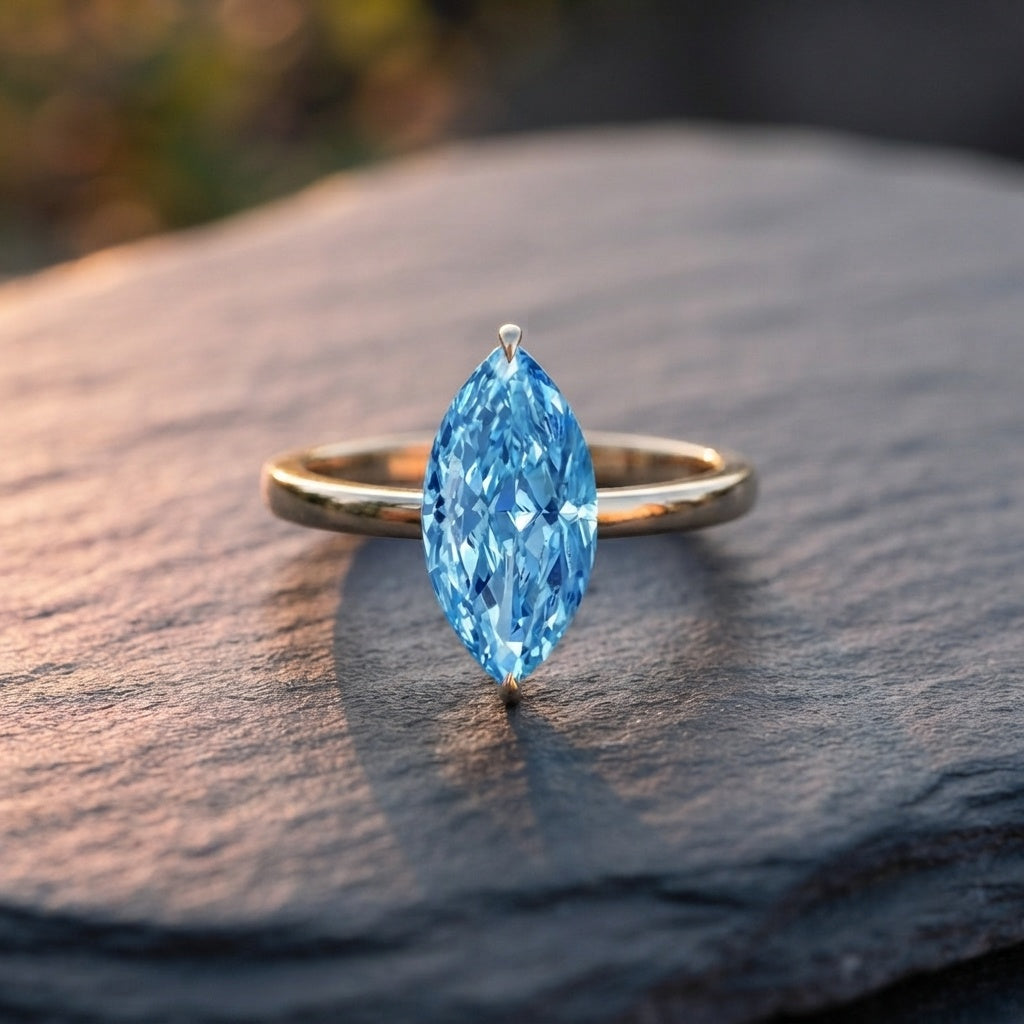 2 Carat Marquise Cut Engagement Ring with IGI Certified Lab Grown Blue Diamond Vivid Blue - VS1 - Rosec Jewels