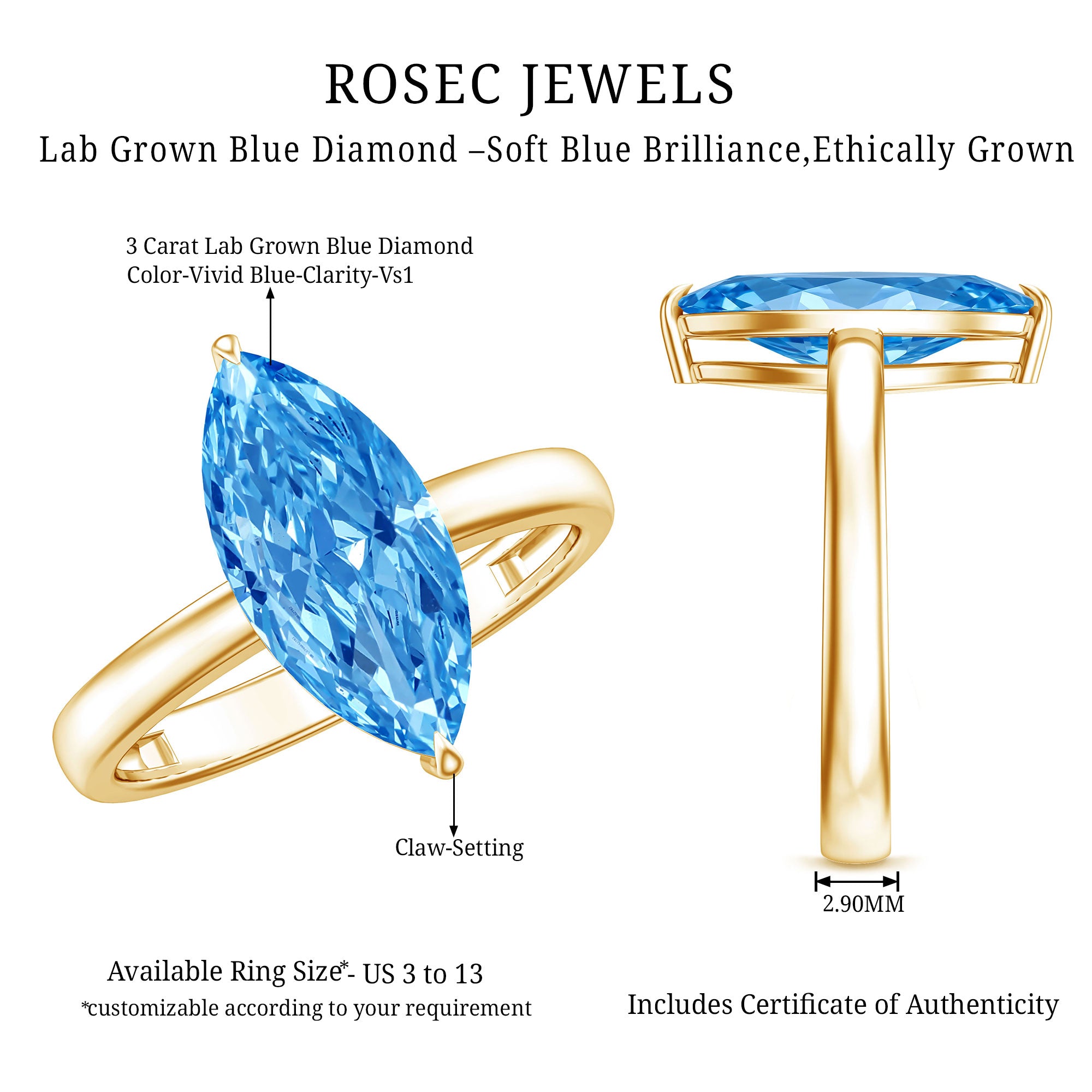 Solitaire 3 Carat Marquise Cut Lab Grown Blue Diamond Engagement Ring IGI Certified Vivid Blue - VS1 - Rosec Jewels