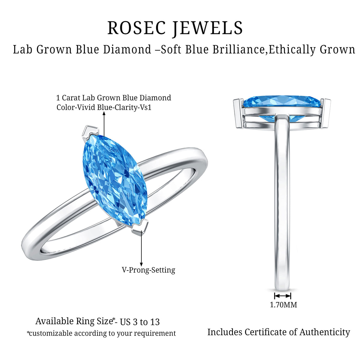 Lab Grown 1 Carat Blue Diamond Solitaire Marquise Engagement Ring with IGI Certificate Vivid Blue - VS1 - Rosec Jewels