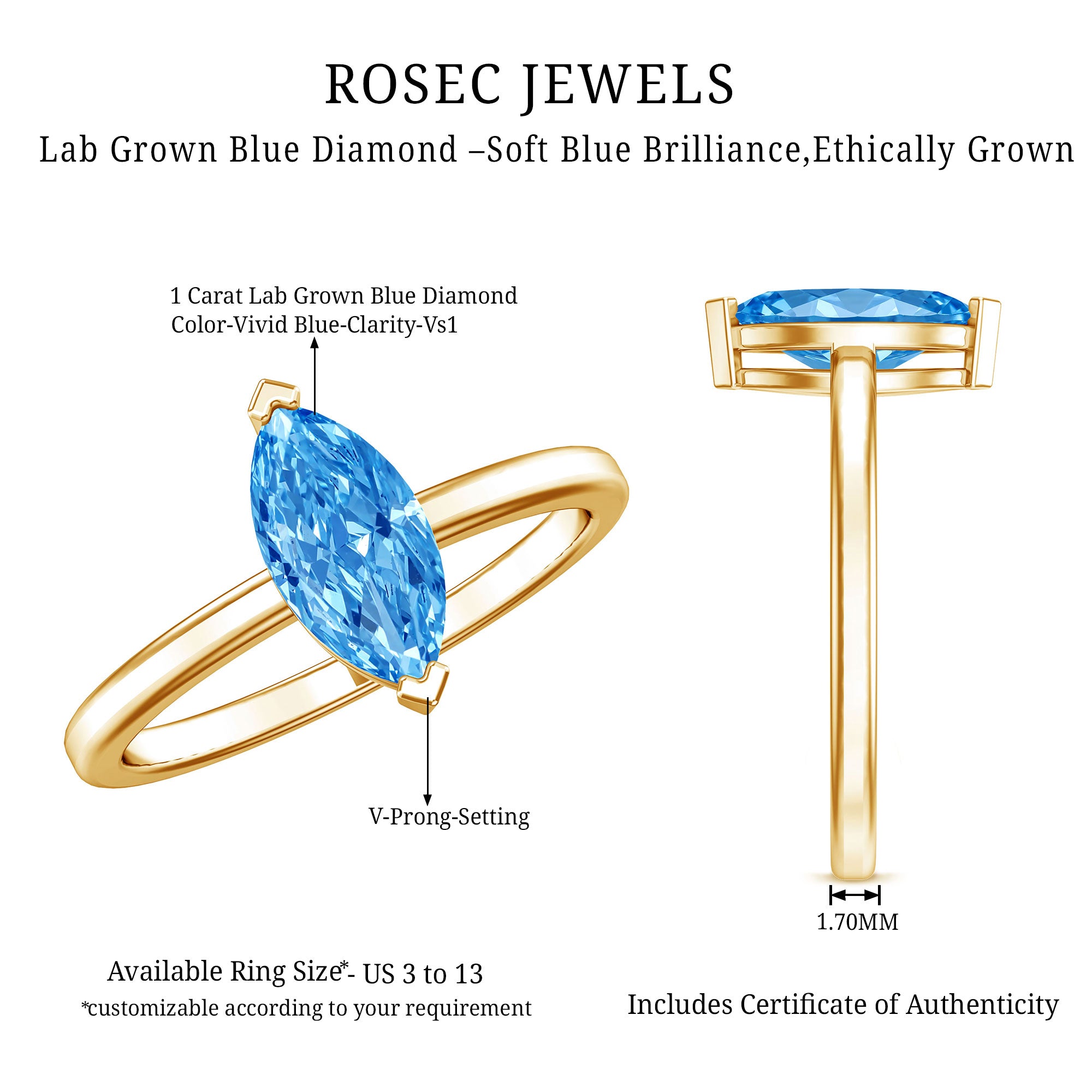 Lab Grown 1 Carat Blue Diamond Solitaire Marquise Engagement Ring with IGI Certificate Vivid Blue - VS1 - Rosec Jewels