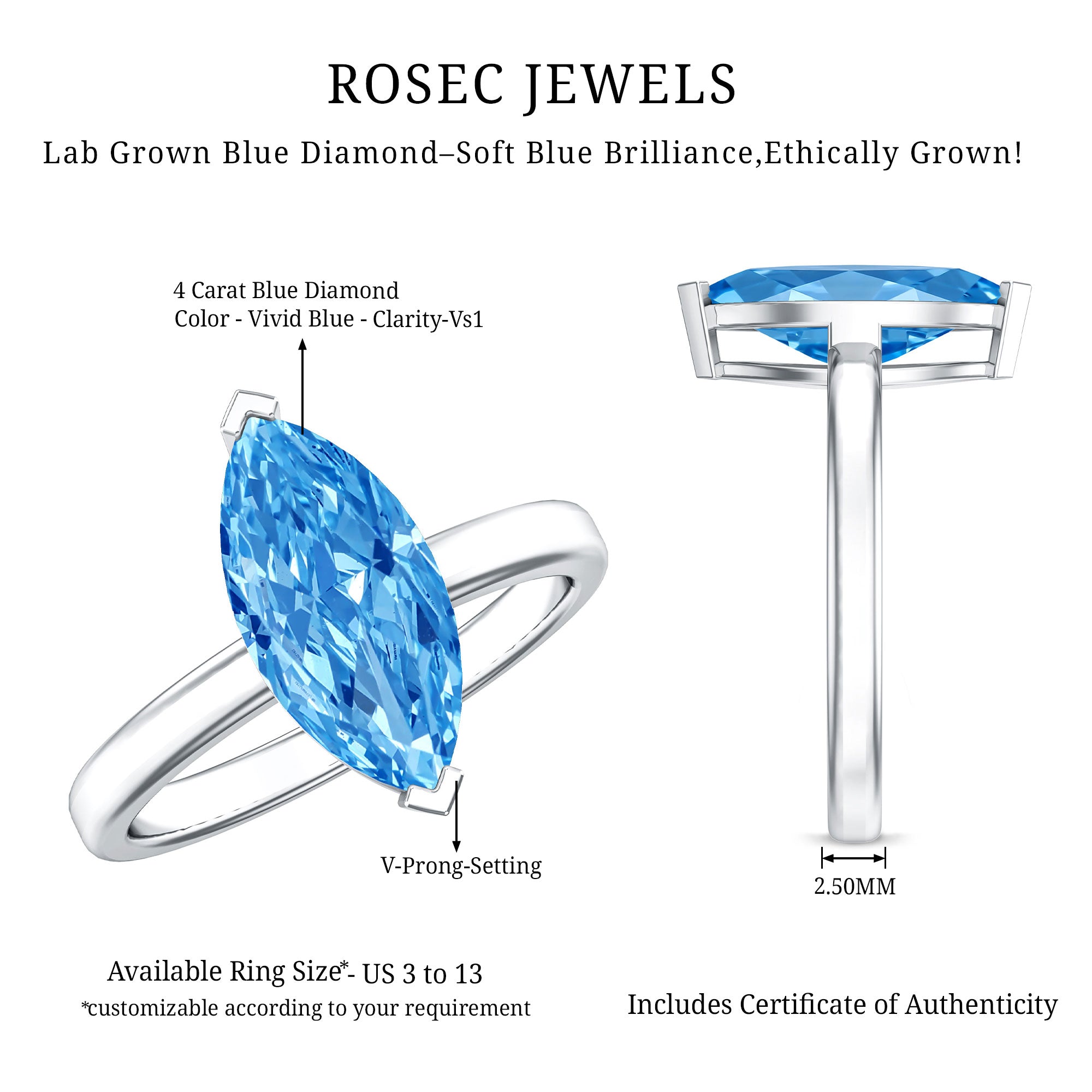 IGI Certified 4 Carat Engagement Ring with Solitaire Marquise Cut Lab Grown Blue Diamond Vivid Blue - VS1 - Rosec Jewels