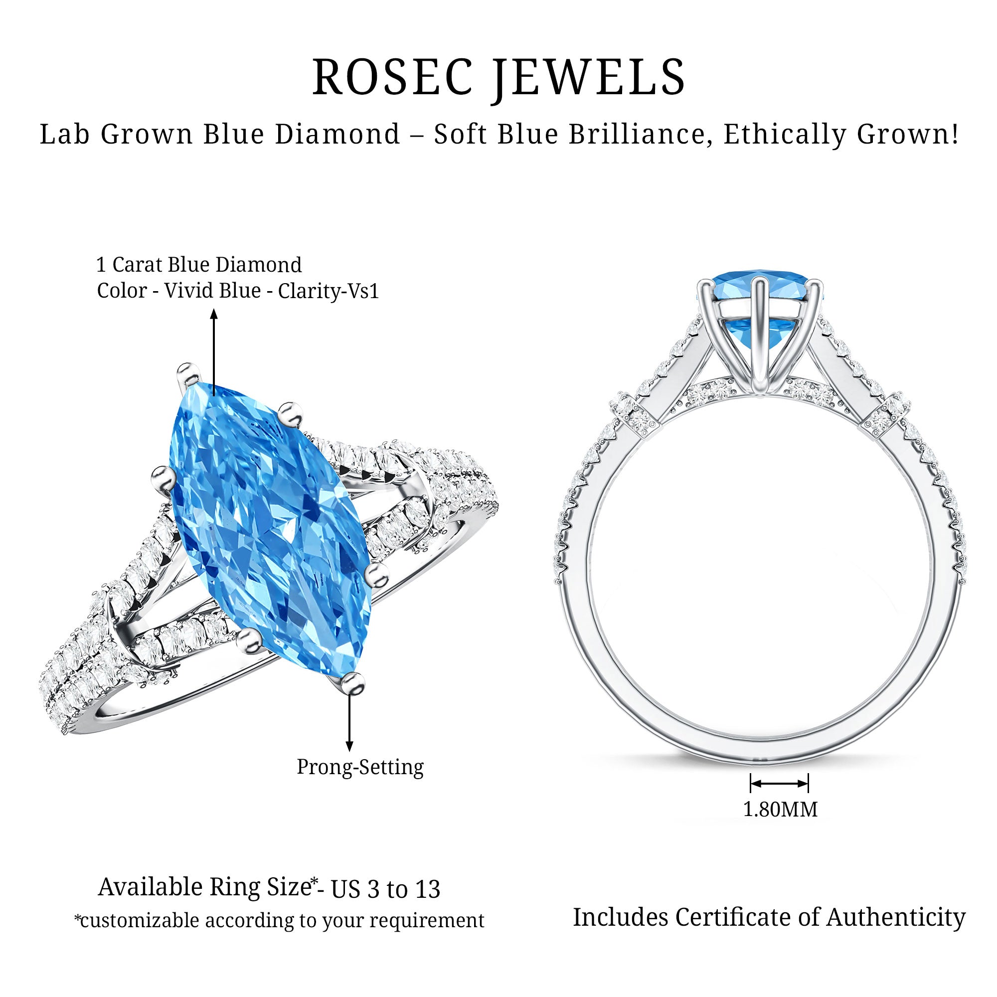 Antique Looking 1 Carat Lab Grown Blue Diamond Engagement Ring IGI Certified Vivid Blue - VS1 - Rosec Jewels