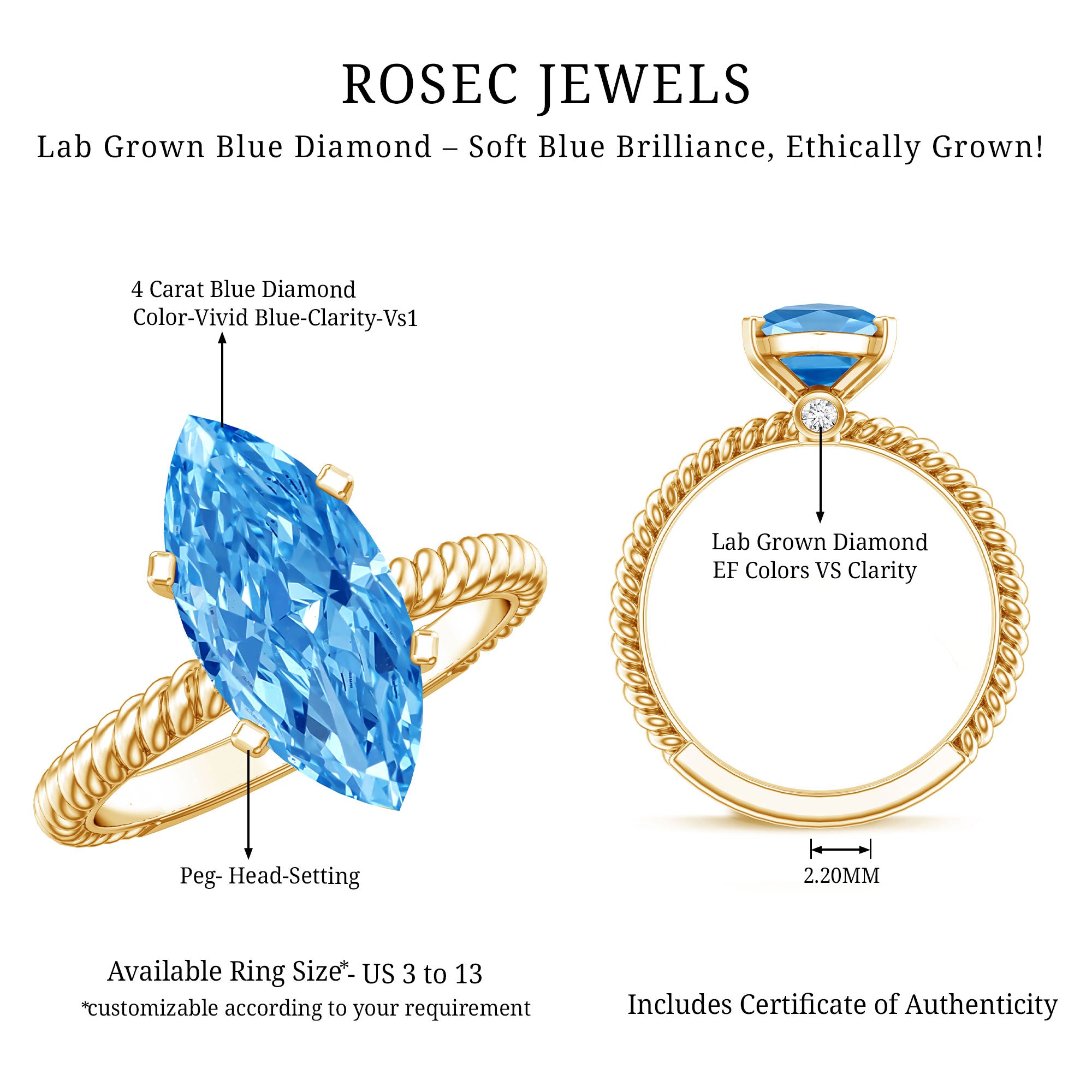 Rosec Jewels-IGI Certified 3 Carat Lab Grown Blue Diamond Solitaire Engagement Ring Marquise