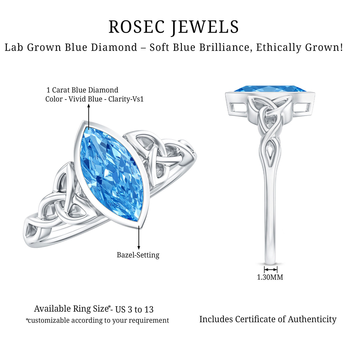 1 Carat Marquise Cut Lab Blue Diamond Celtic Engagement Ring IGI Certified Vivid Blue - VS1 - Rosec Jewels