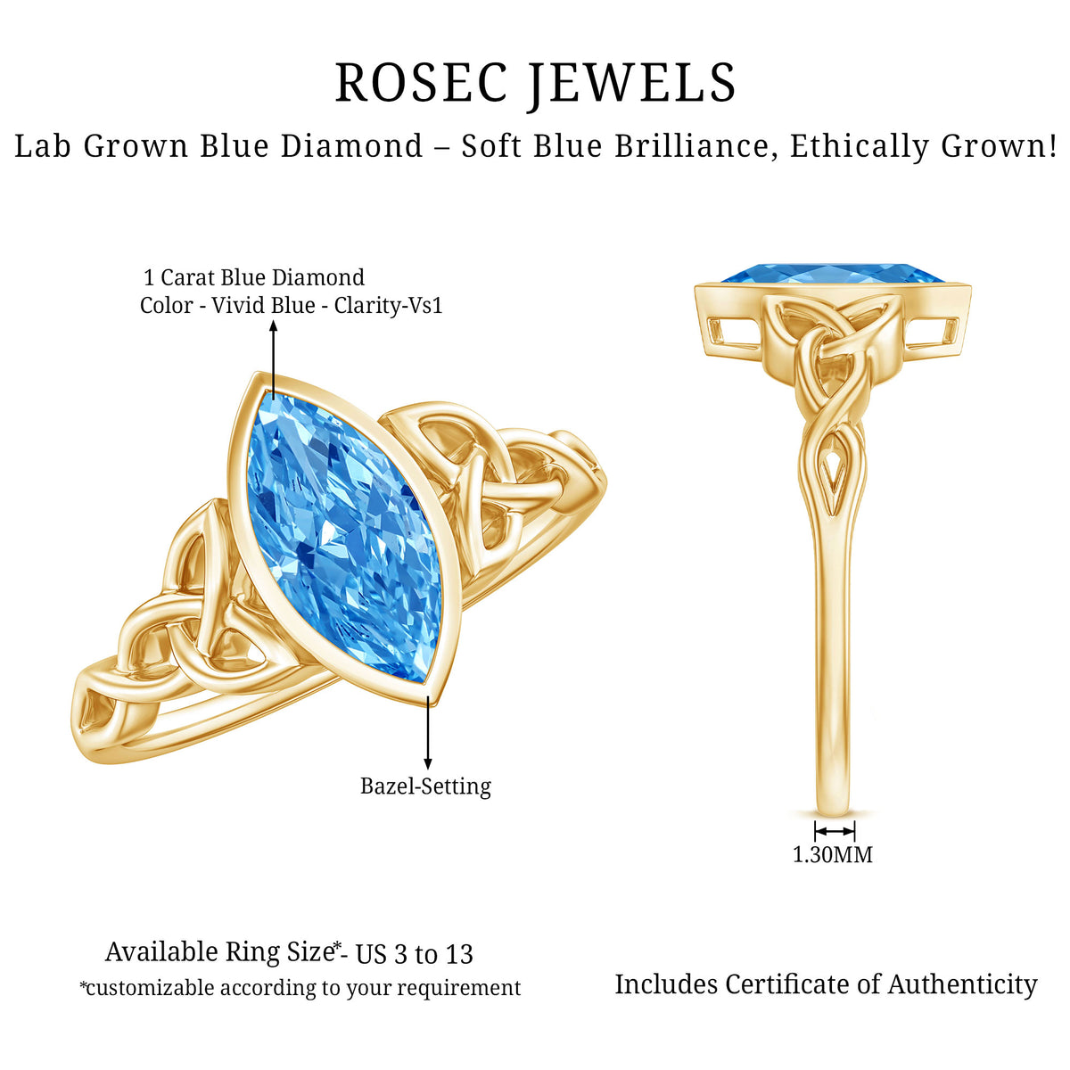 1 Carat Marquise Cut Lab Blue Diamond Celtic Engagement Ring IGI Certified Vivid Blue - VS1 - Rosec Jewels