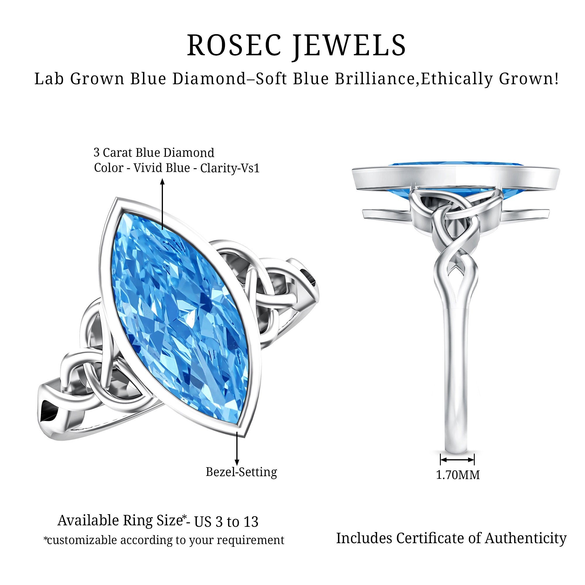3 Carat Marquise Cut Lab Grown Blue Diamond Celtic Engagement Ring with IGI Certificate Vivid Blue - VS1 - Rosec Jewels
