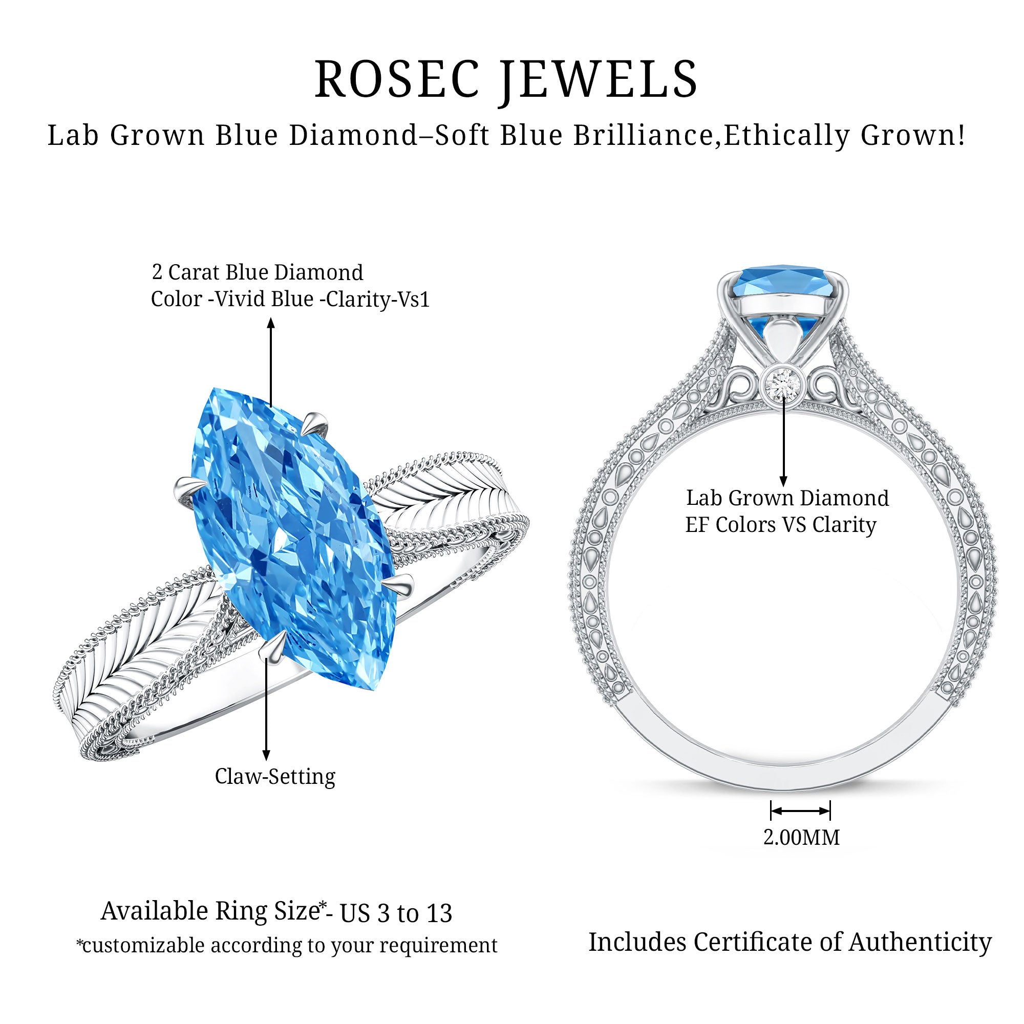 Lab Created 2 Carat Blue Diamond Vintage Inspired Engagement Ring IGI Certified Vivid Blue - VS1 - Rosec Jewels