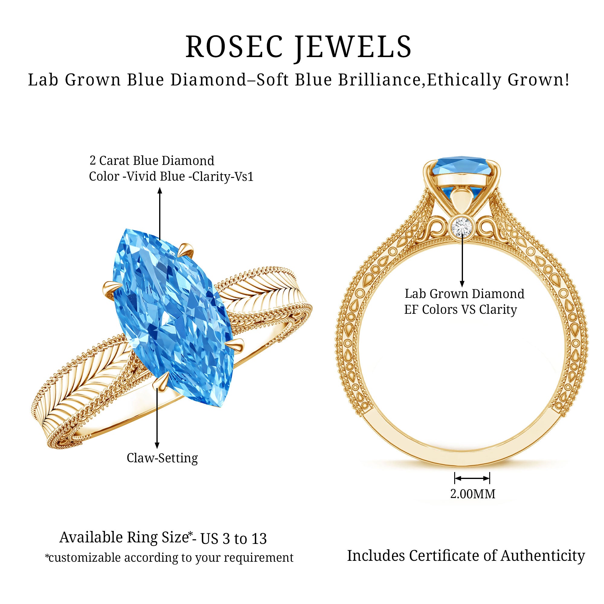 Lab Created 2 Carat Blue Diamond Vintage Inspired Engagement Ring IGI Certified Vivid Blue - VS1 - Rosec Jewels