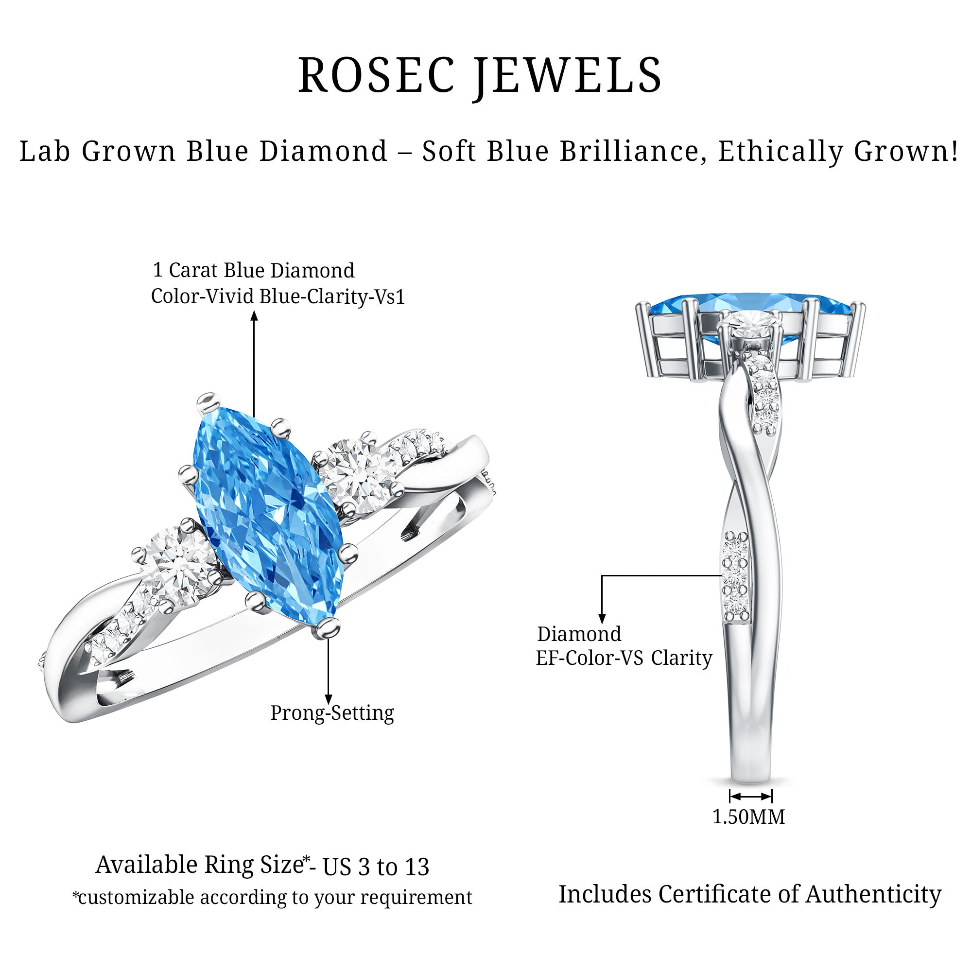 IGI Certified 1 Carat Marquise Cut Lab Blue Diamond Braided Ring for Women Vivid Blue - VS1 - Rosec Jewels
