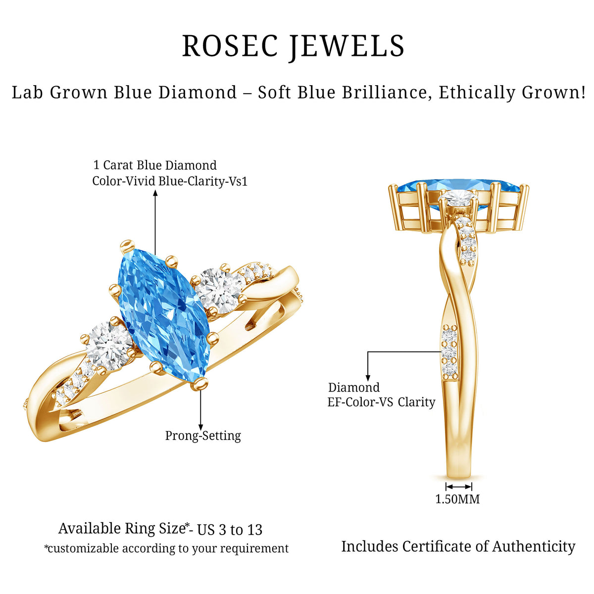 IGI Certified 1 Carat Marquise Cut Lab Blue Diamond Braided Ring for Women Vivid Blue - VS1 - Rosec Jewels