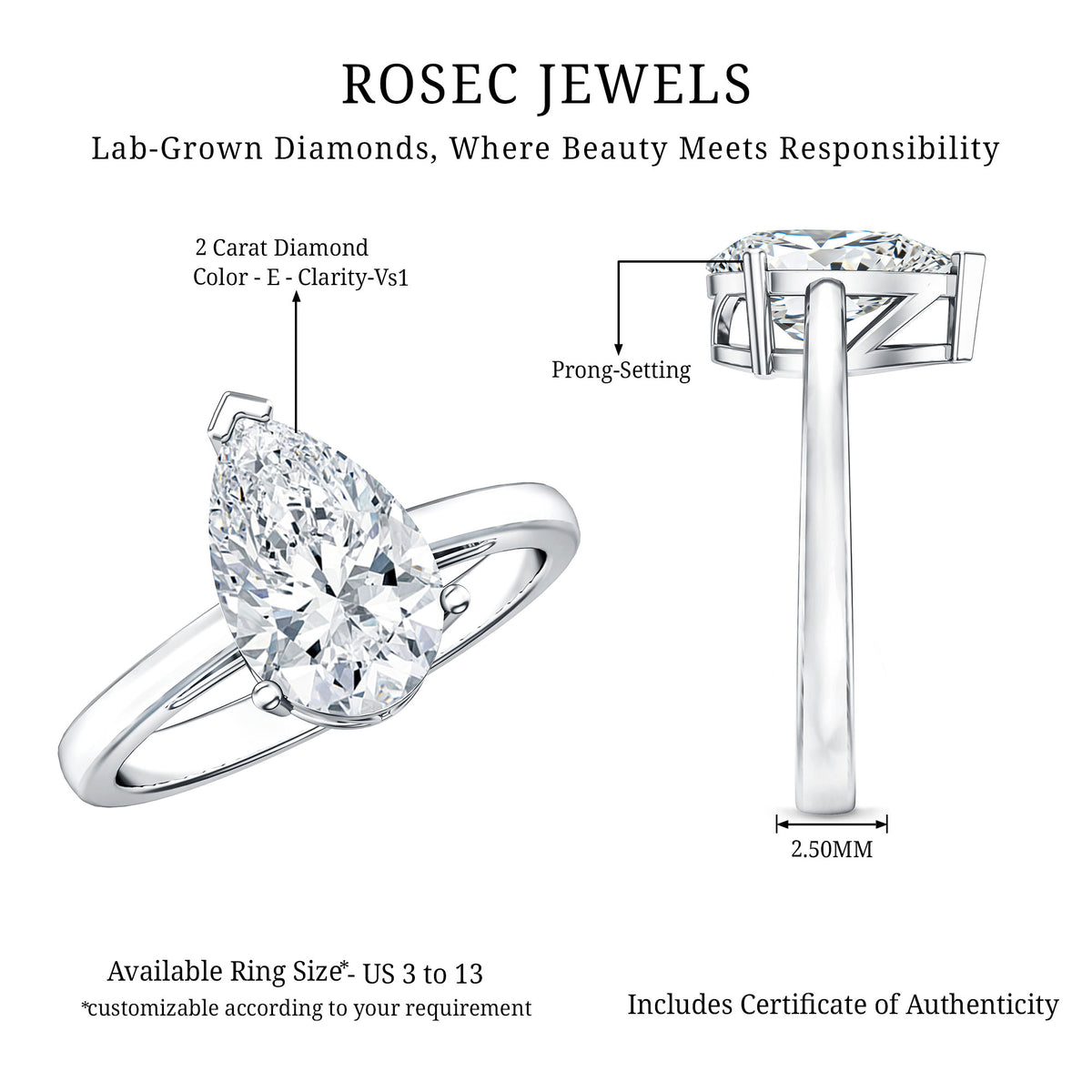 2 Carat Solitaire Pear Cut Lab Grown Diamond Engagement Ring with IGI Certificate Lab - ( E-VS1 ) - Rosec Jewels
