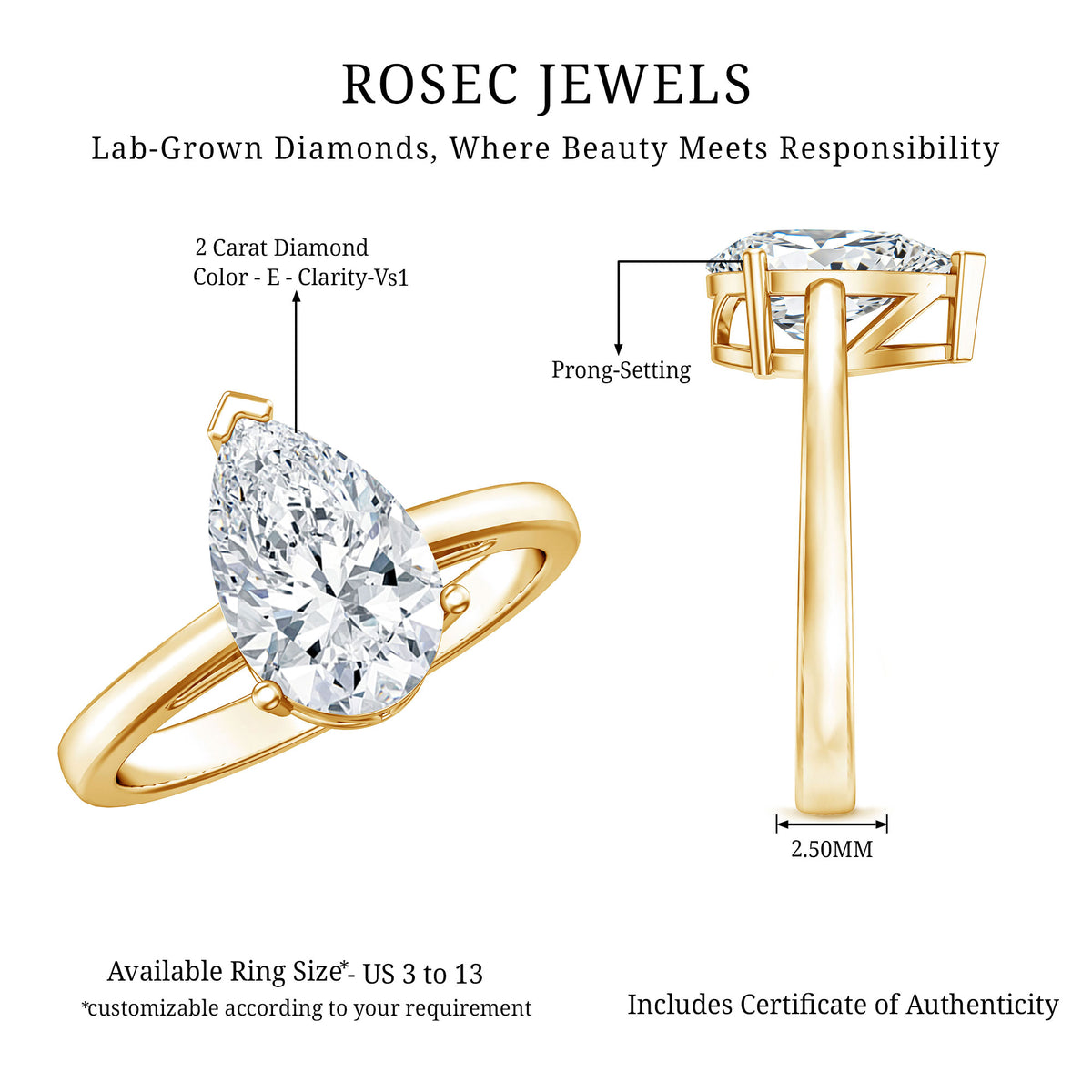 2 Carat Solitaire Pear Cut Lab Grown Diamond Engagement Ring with IGI Certificate Lab - ( E-VS1 ) - Rosec Jewels