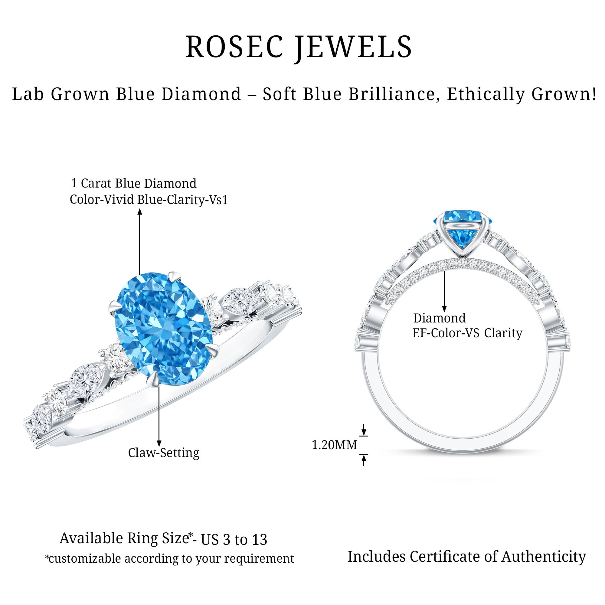 1 Carat Oval Shaped Lab Created Blue Diamond Engagement Ring IGI Certified Vivid Blue - VS1 - Rosec Jewels