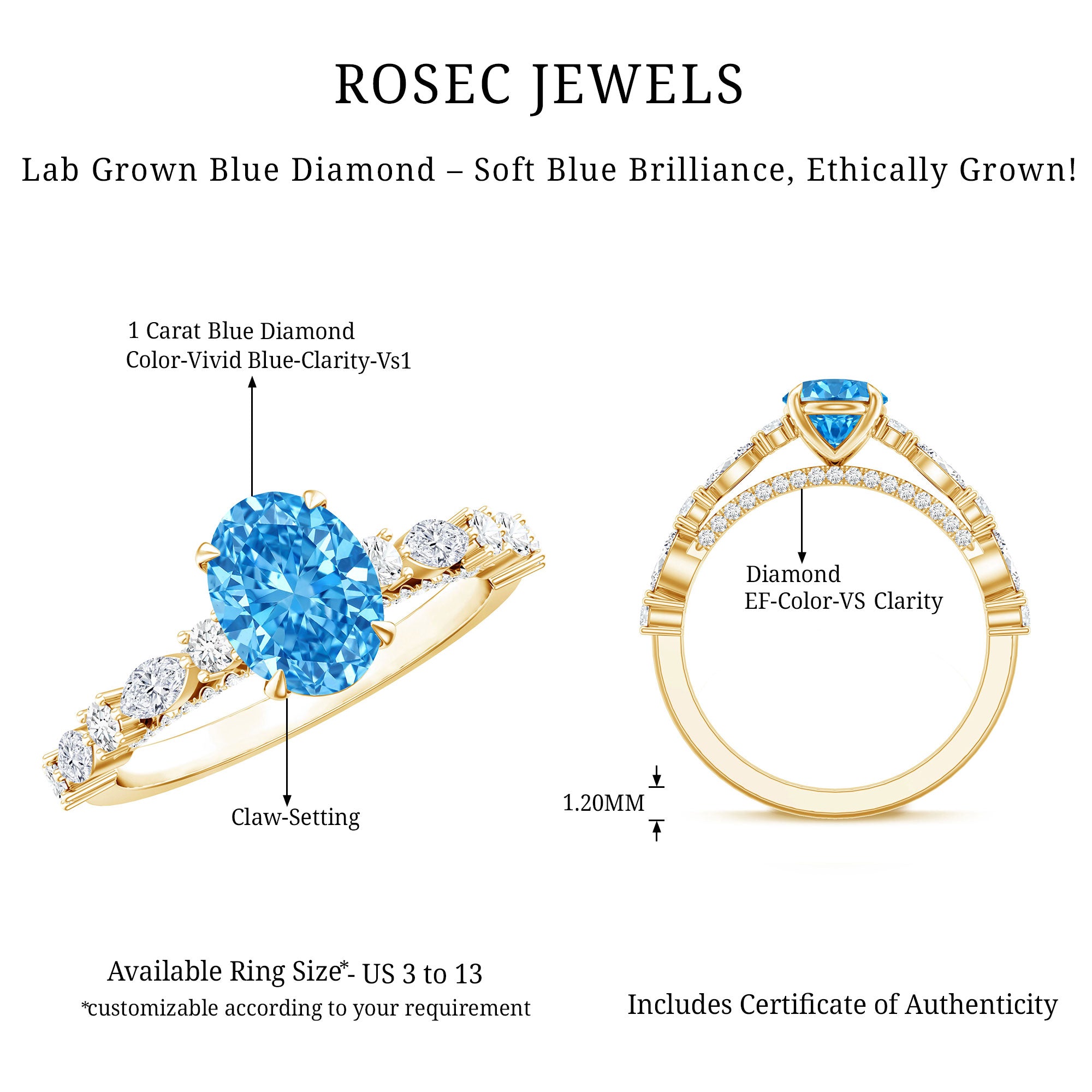 1 Carat Oval Shaped Lab Created Blue Diamond Engagement Ring IGI Certified Vivid Blue - VS1 - Rosec Jewels
