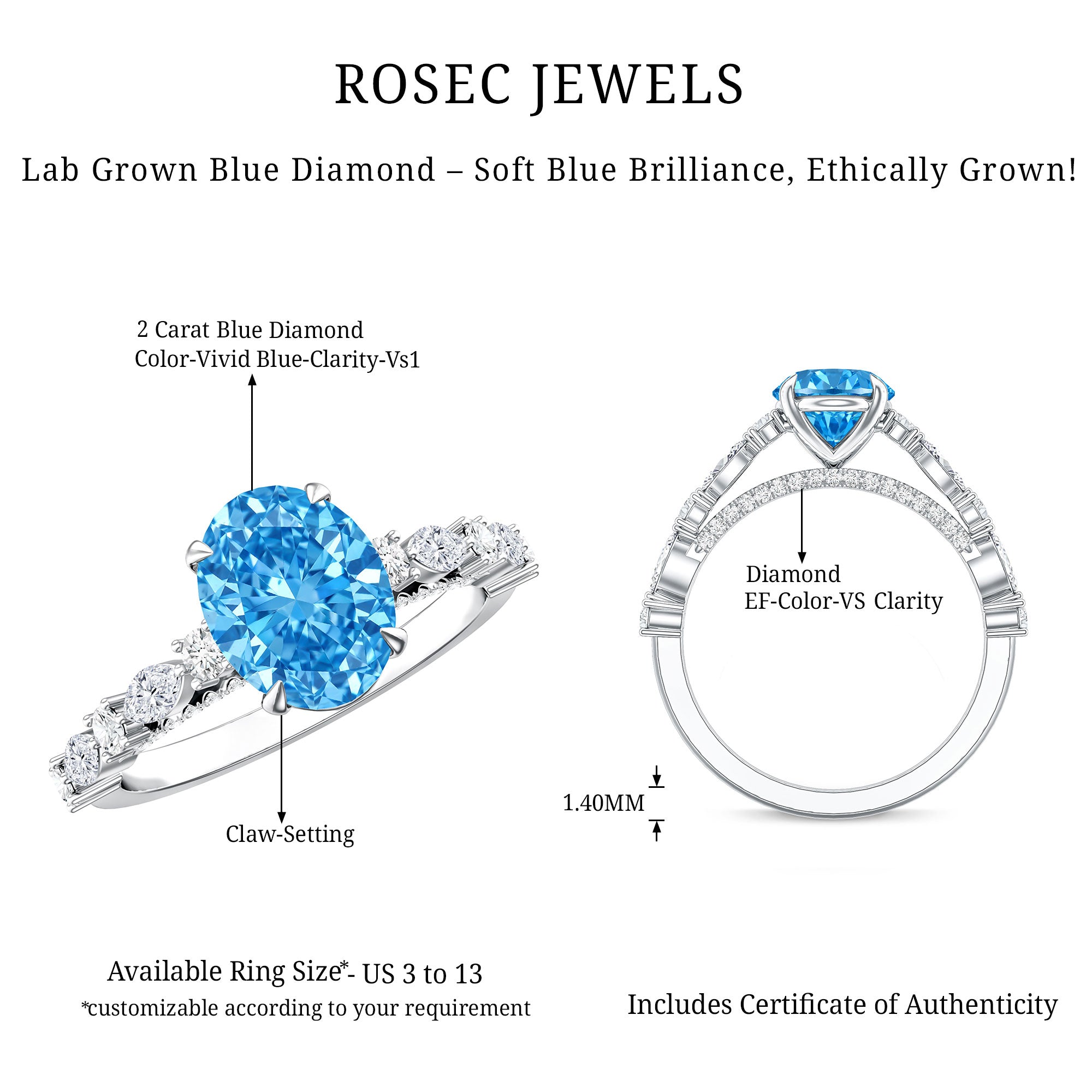 2 Carat Lab Grown Blue Diamond Oblong Engagement Ring with IGI Certificate Vivid Blue - VS1 - Rosec Jewels