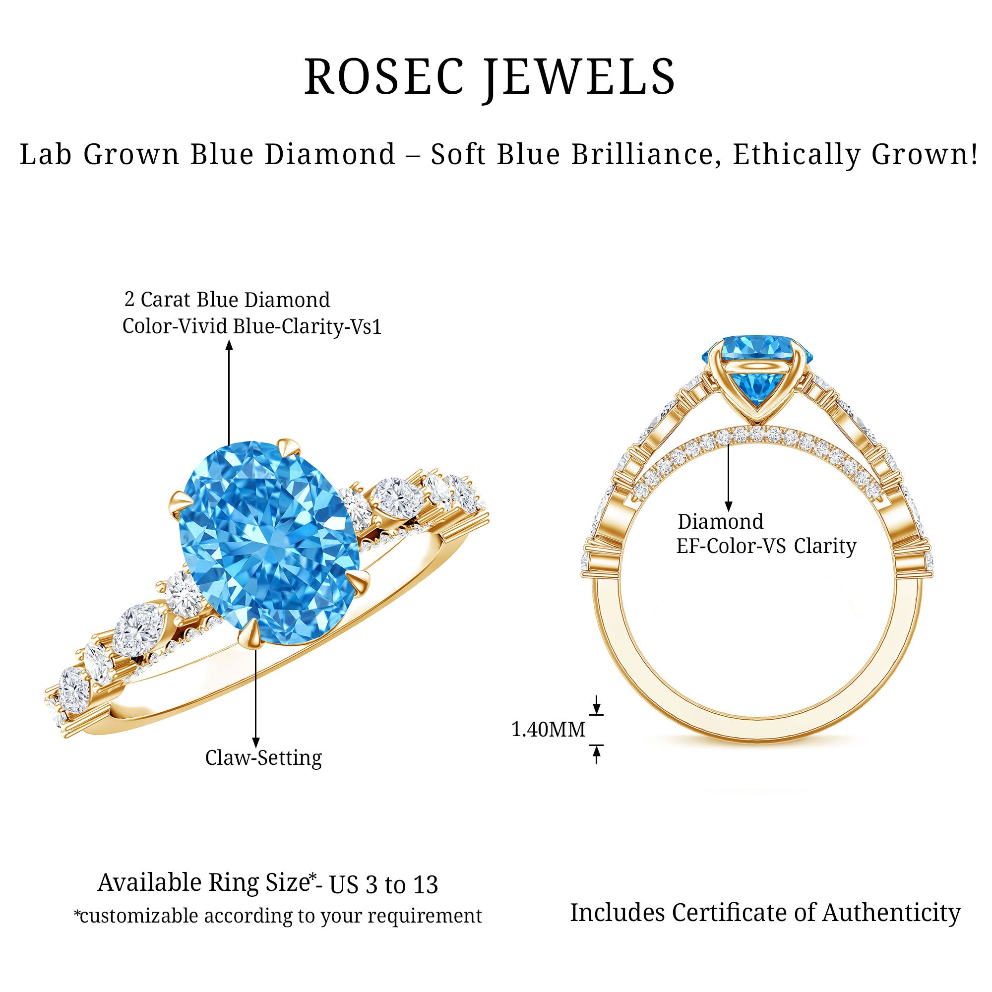 2 Carat Lab Grown Blue Diamond Oblong Engagement Ring with IGI Certificate Vivid Blue - VS1 - Rosec Jewels