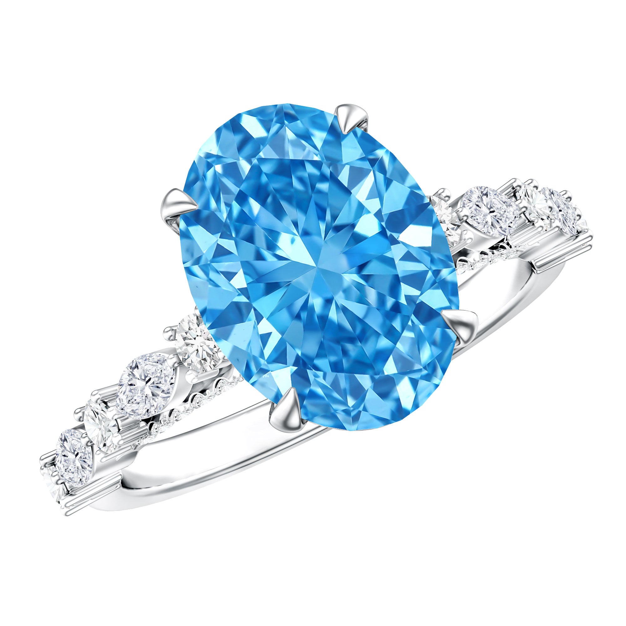 IGI Certified 3 Carat Lab Grown Oval Blue Diamond Big Engagement Ring with Side Stones Vivid Blue - VS1 - Rosec Jewels