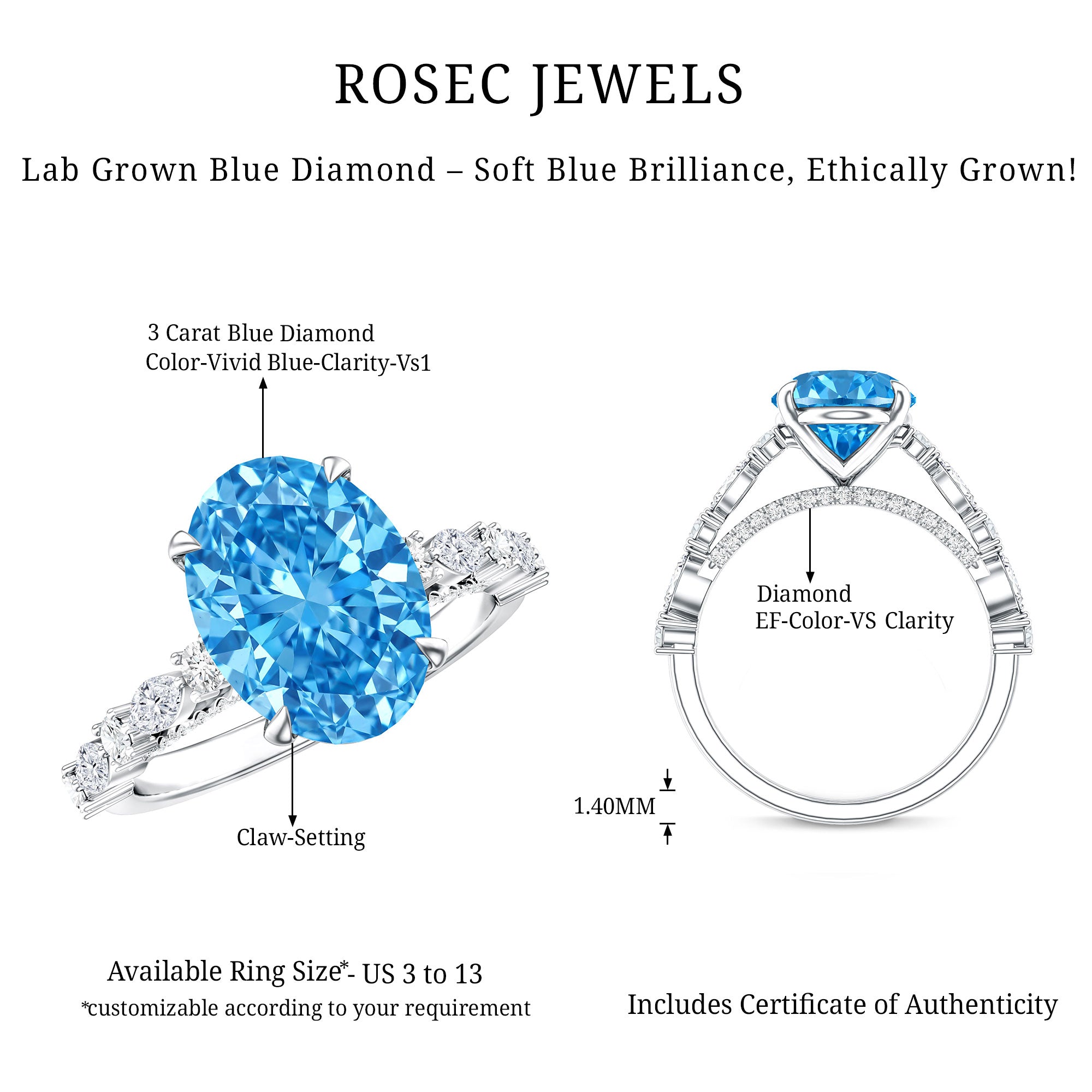 IGI Certified 3 Carat Lab Grown Oval Blue Diamond Big Engagement Ring with Side Stones Vivid Blue - VS1 - Rosec Jewels