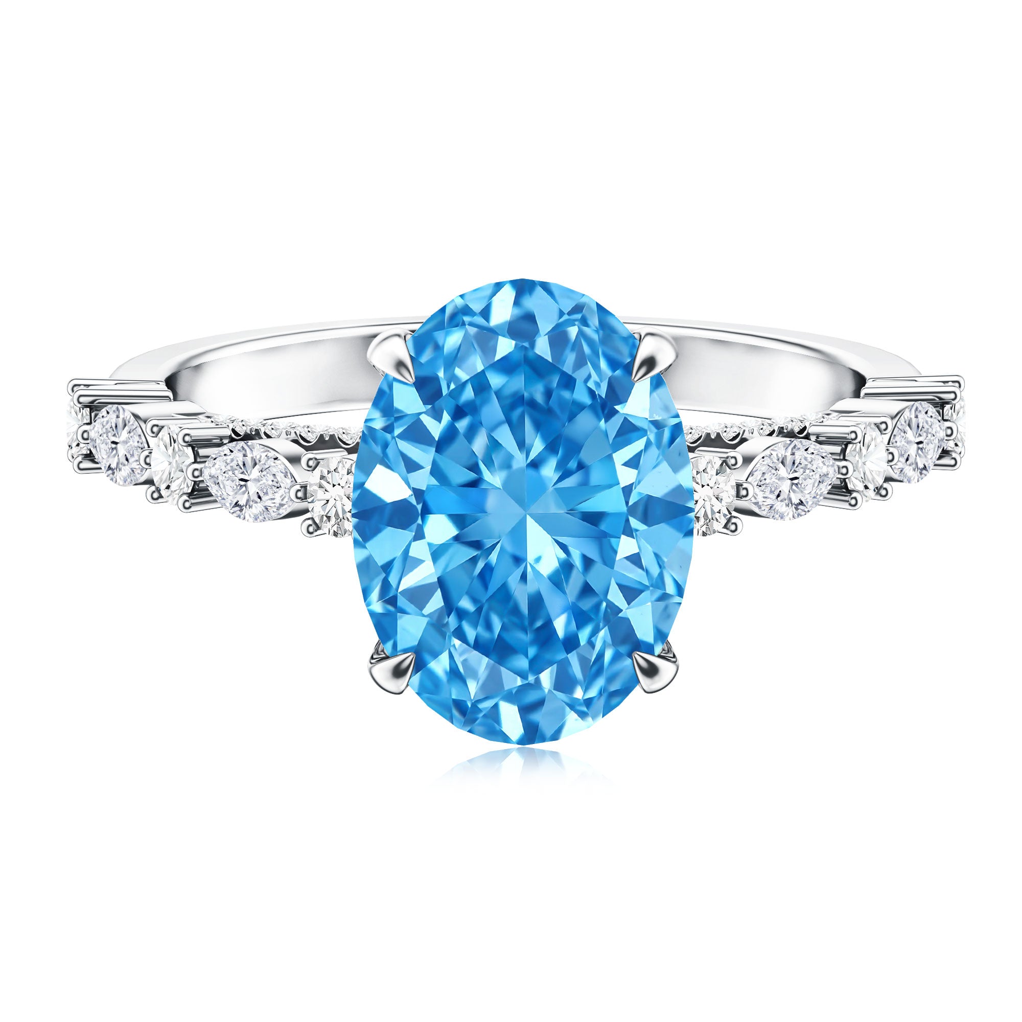 IGI Certified 3 Carat Lab Grown Oval Blue Diamond Big Engagement Ring with Side Stones Vivid Blue - VS1 - Rosec Jewels