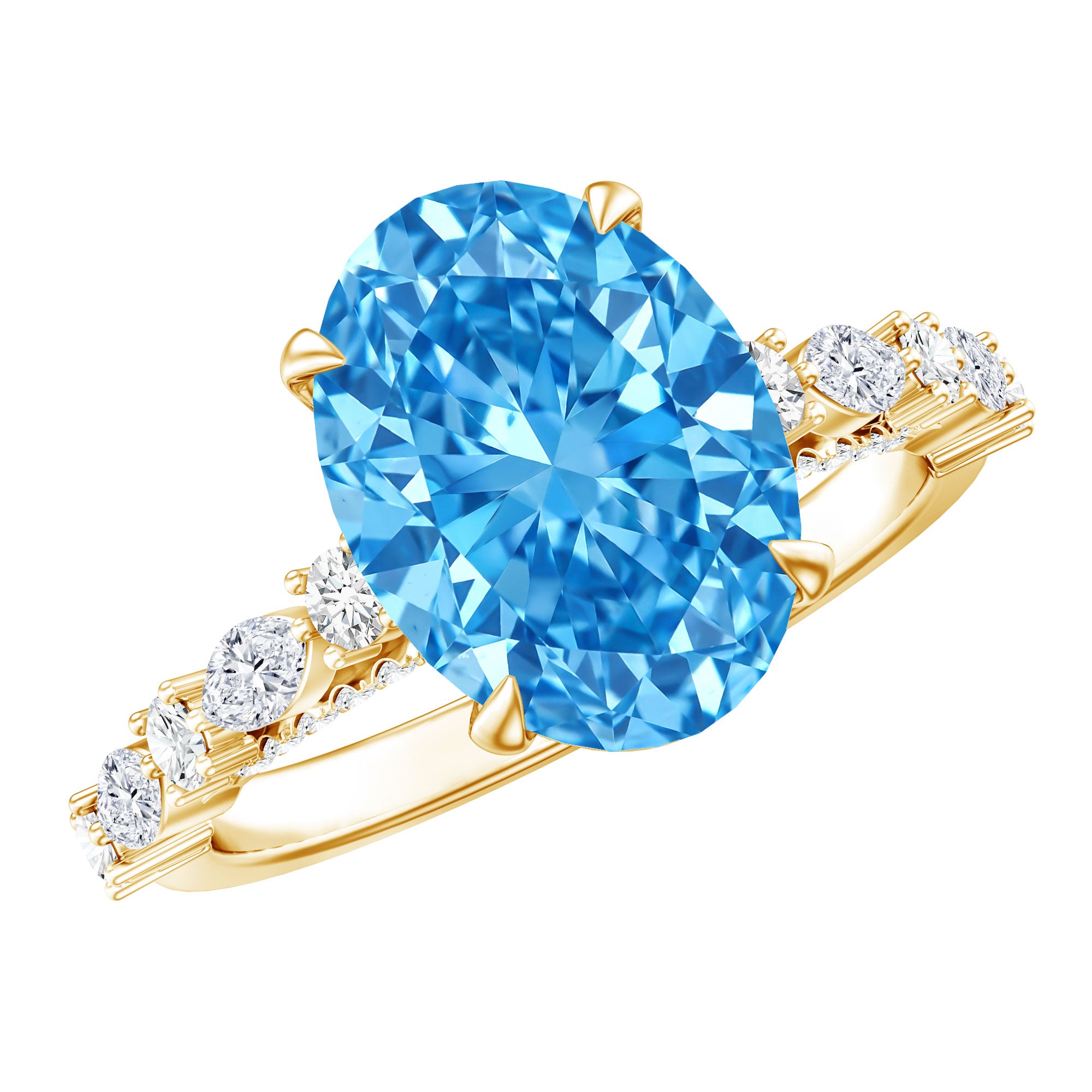 IGI Certified 3 Carat Lab Grown Oval Blue Diamond Big Engagement Ring with Side Stones Vivid Blue - VS1 - Rosec Jewels