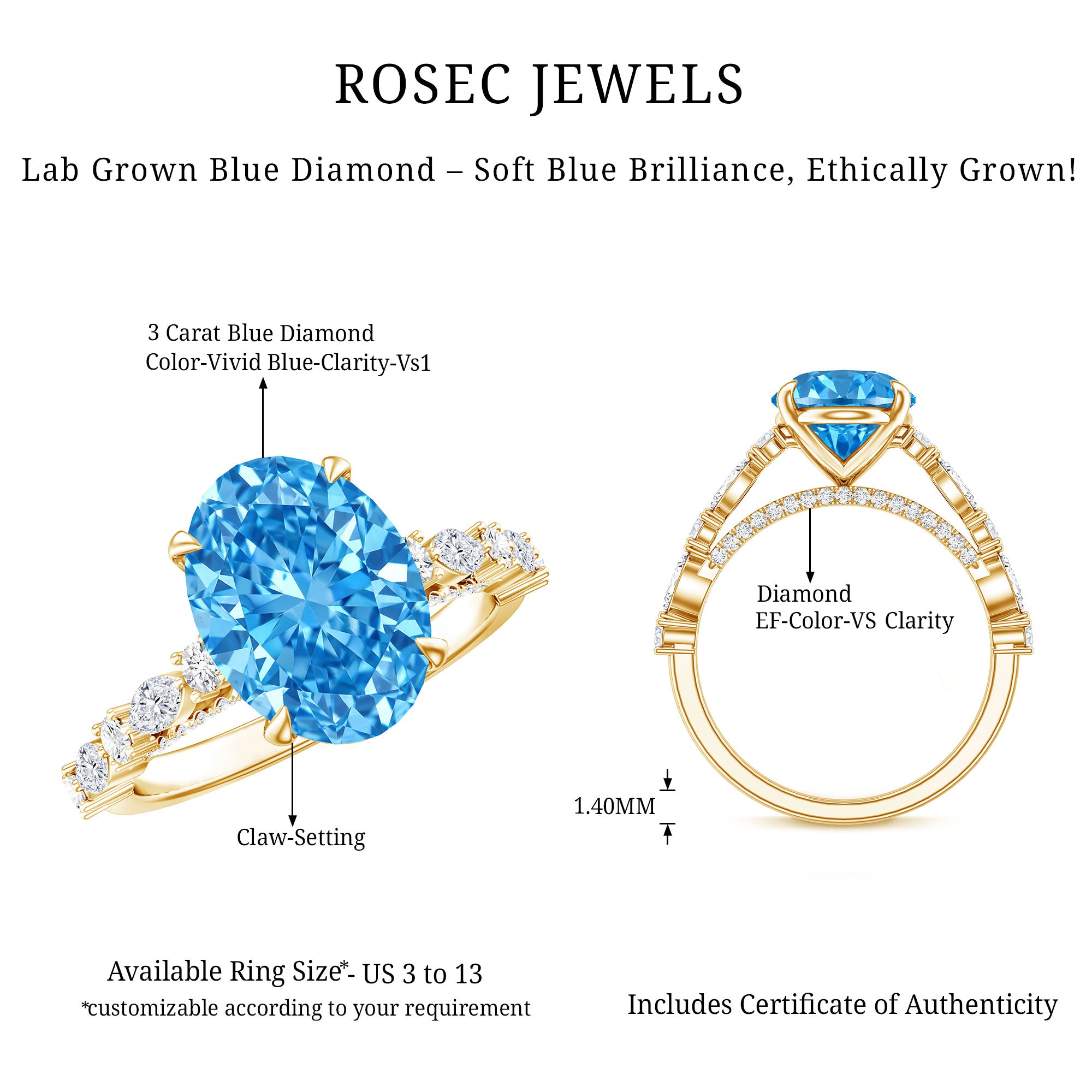IGI Certified 3 Carat Lab Grown Oval Blue Diamond Big Engagement Ring with Side Stones Vivid Blue - VS1 - Rosec Jewels