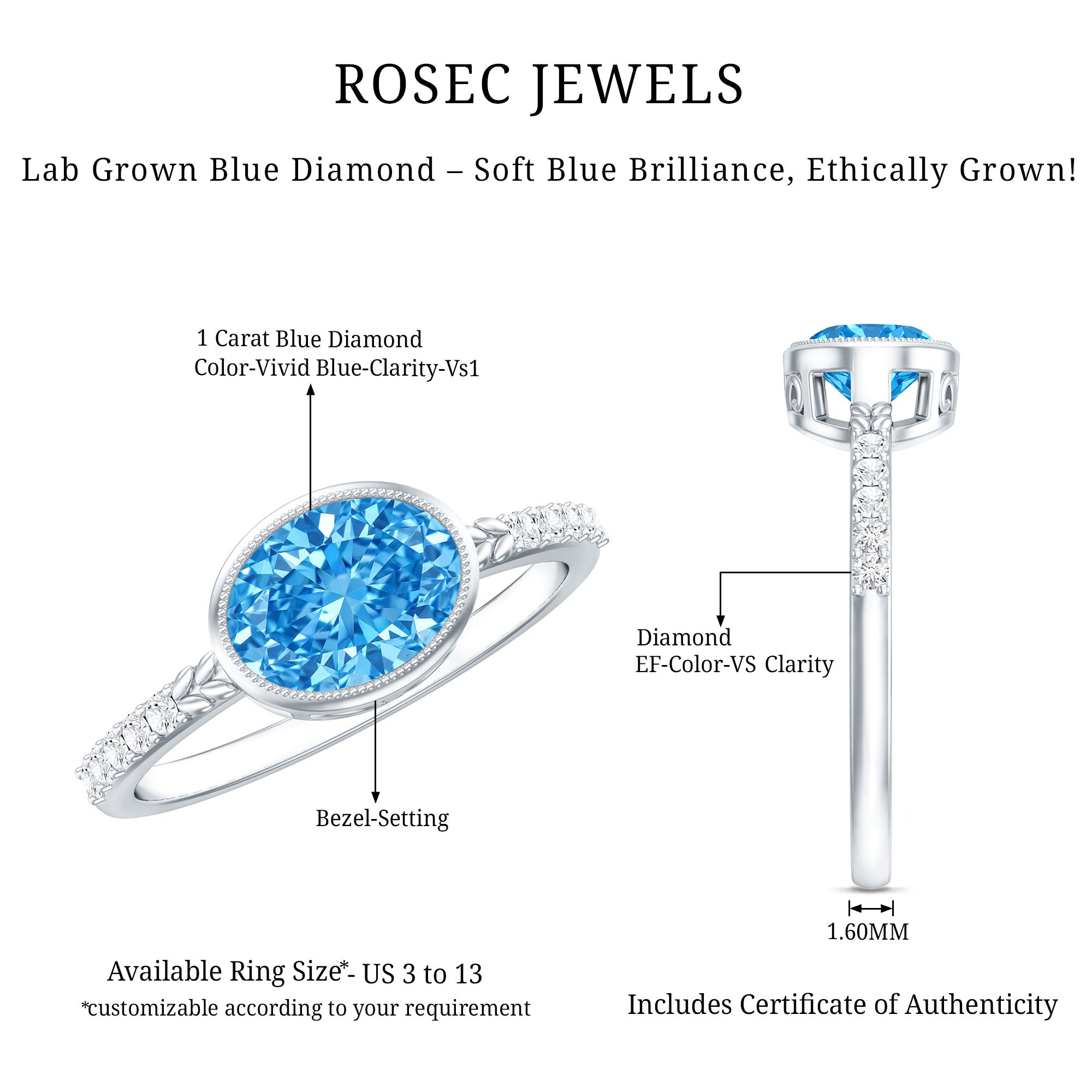 1 Carat Oval Lab Grown Blue Diamond East West Engagement Ring IGI Certified Vivid Blue - VS1 - Rosec Jewels