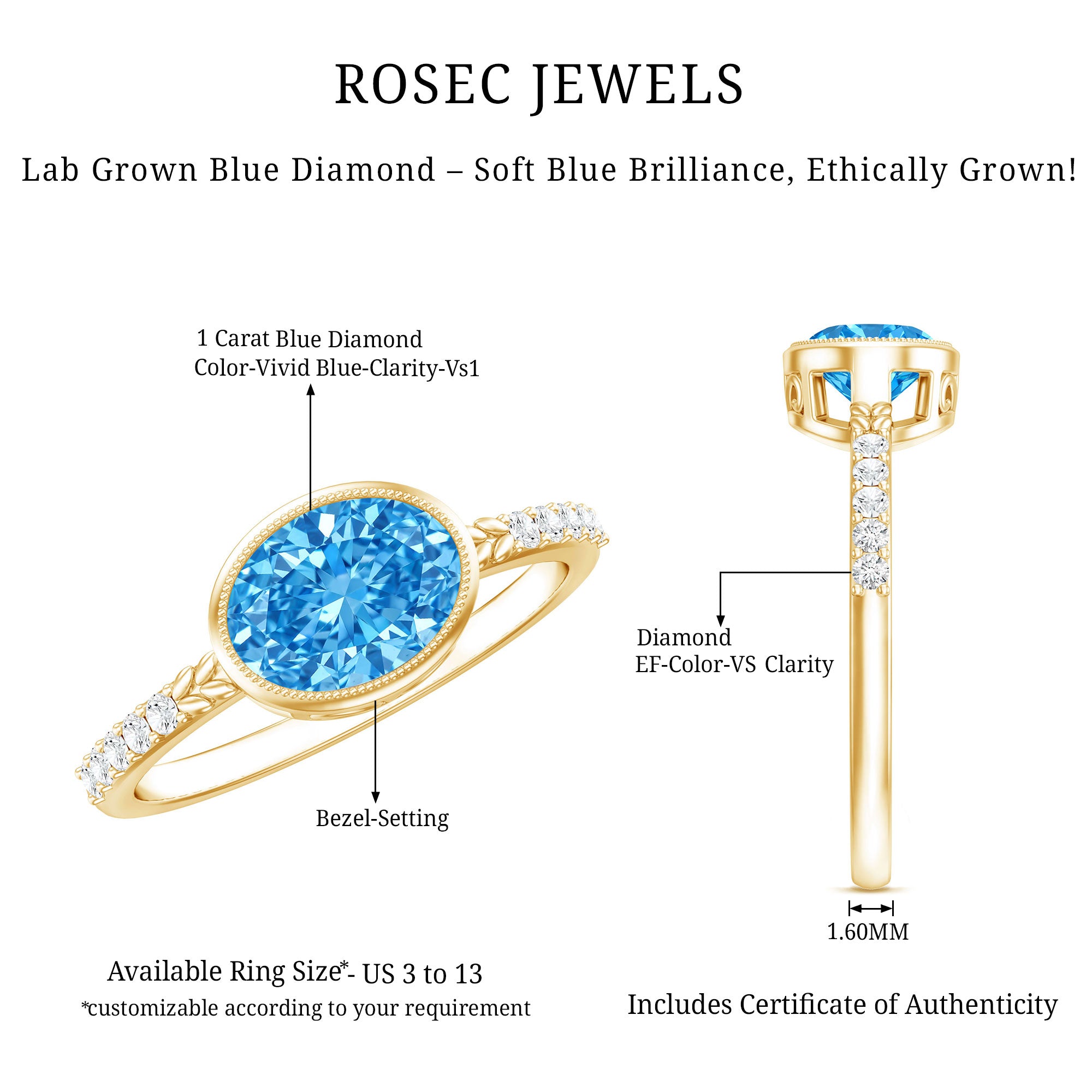 1 Carat Oval Lab Grown Blue Diamond East West Engagement Ring IGI Certified Vivid Blue - VS1 - Rosec Jewels