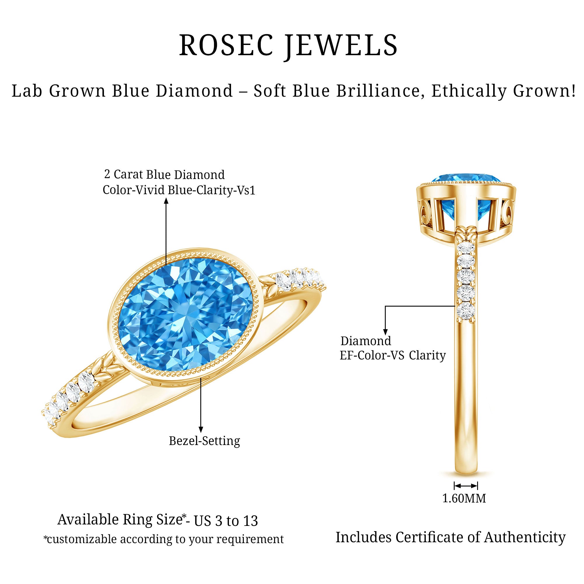 2 Carat Lab Created Blue Diamond East West Oval Engagement Ring with IGI Certificate Vivid Blue - VS1 - Rosec Jewels