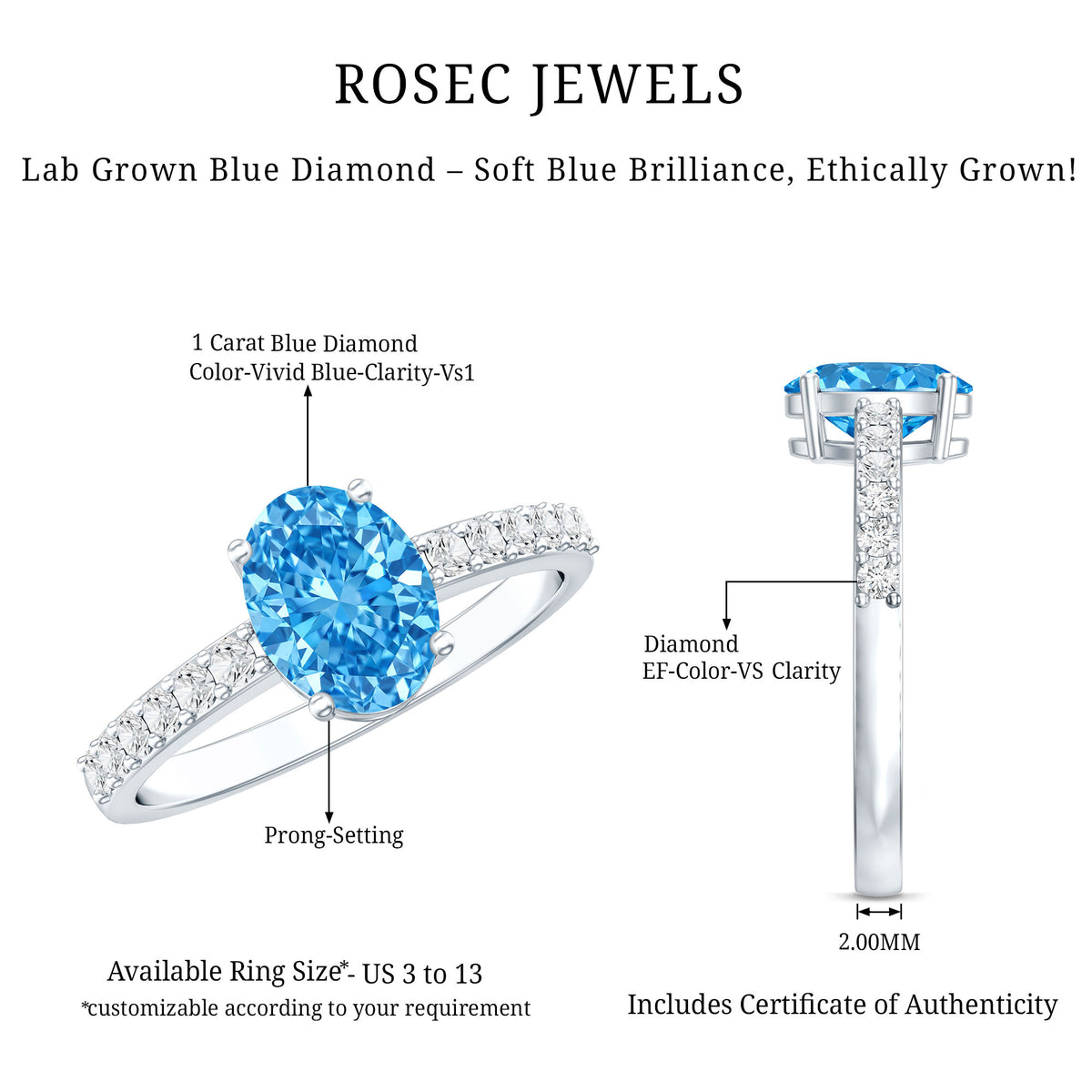 IGI Certified 1 Carat Lab Blue Diamond Oval Engagement Ring with Side Stones Vivid Blue - VS1 - Rosec Jewels