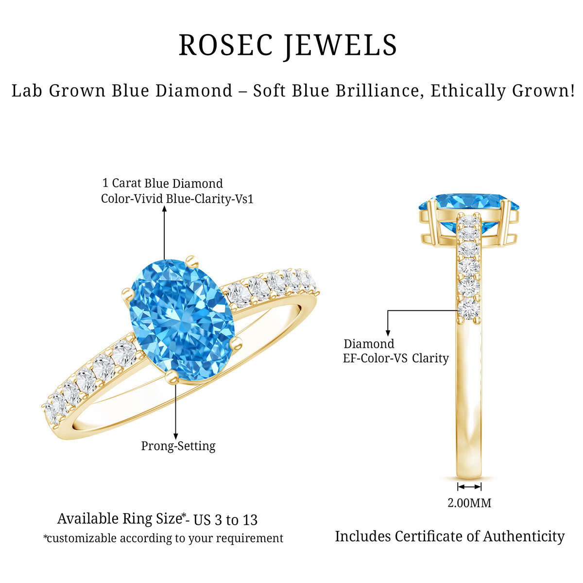 IGI Certified 1 Carat Lab Blue Diamond Oval Engagement Ring with Side Stones Vivid Blue - VS1 - Rosec Jewels