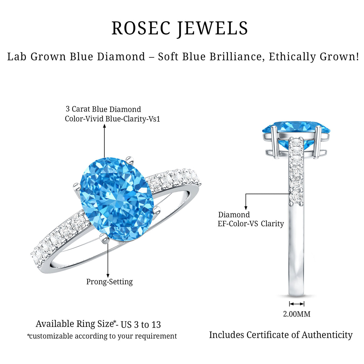 IGI Certified 3 Carat Oval Lab Grown Blue Diamond Engagement Ring with Side Stone Vivid Blue - VS1 - Rosec Jewels
