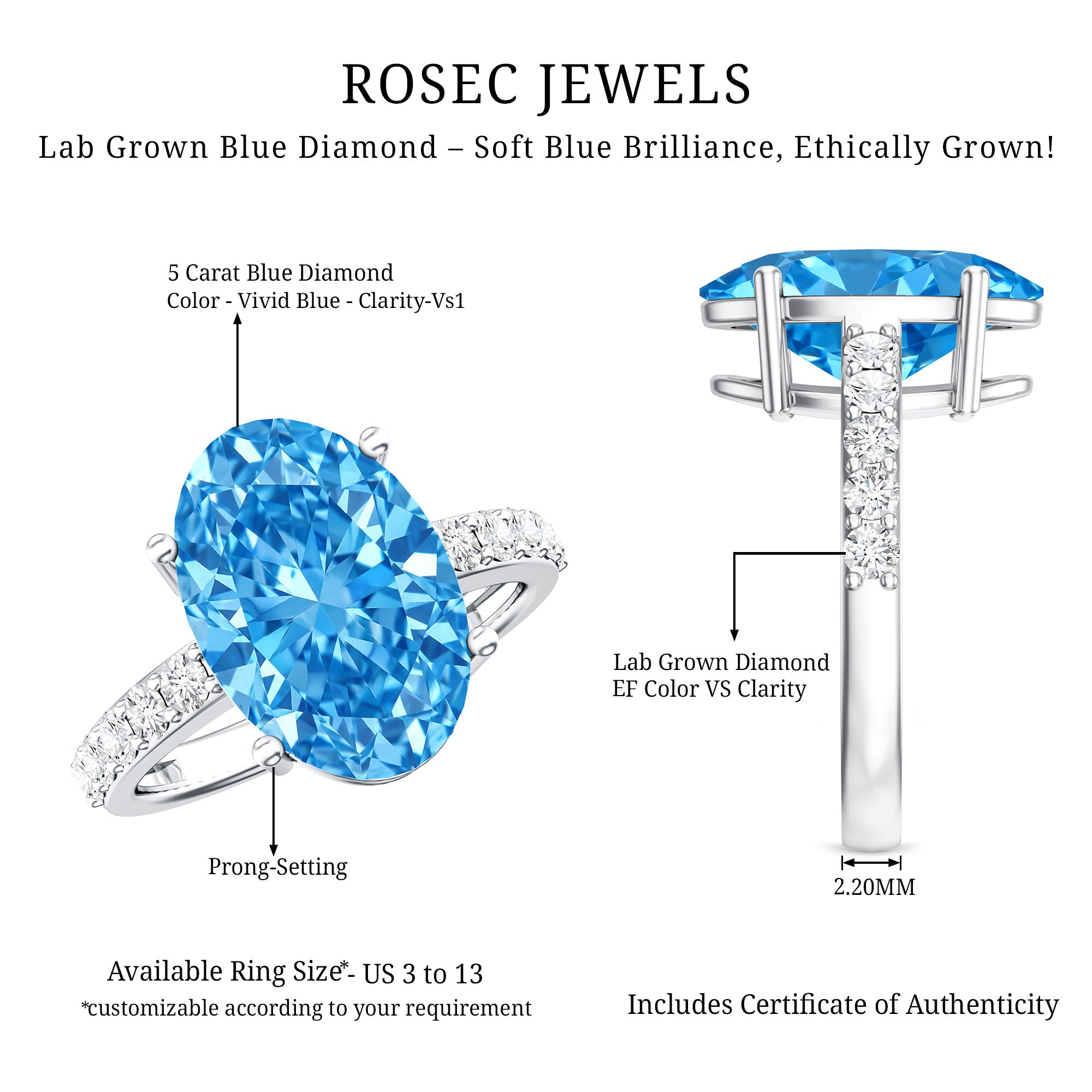 Elongated Oval Lab Grown Blue Diamond 5 Carat Engagement Ring IGI Certified Vivid Blue - VS1 - Rosec Jewels