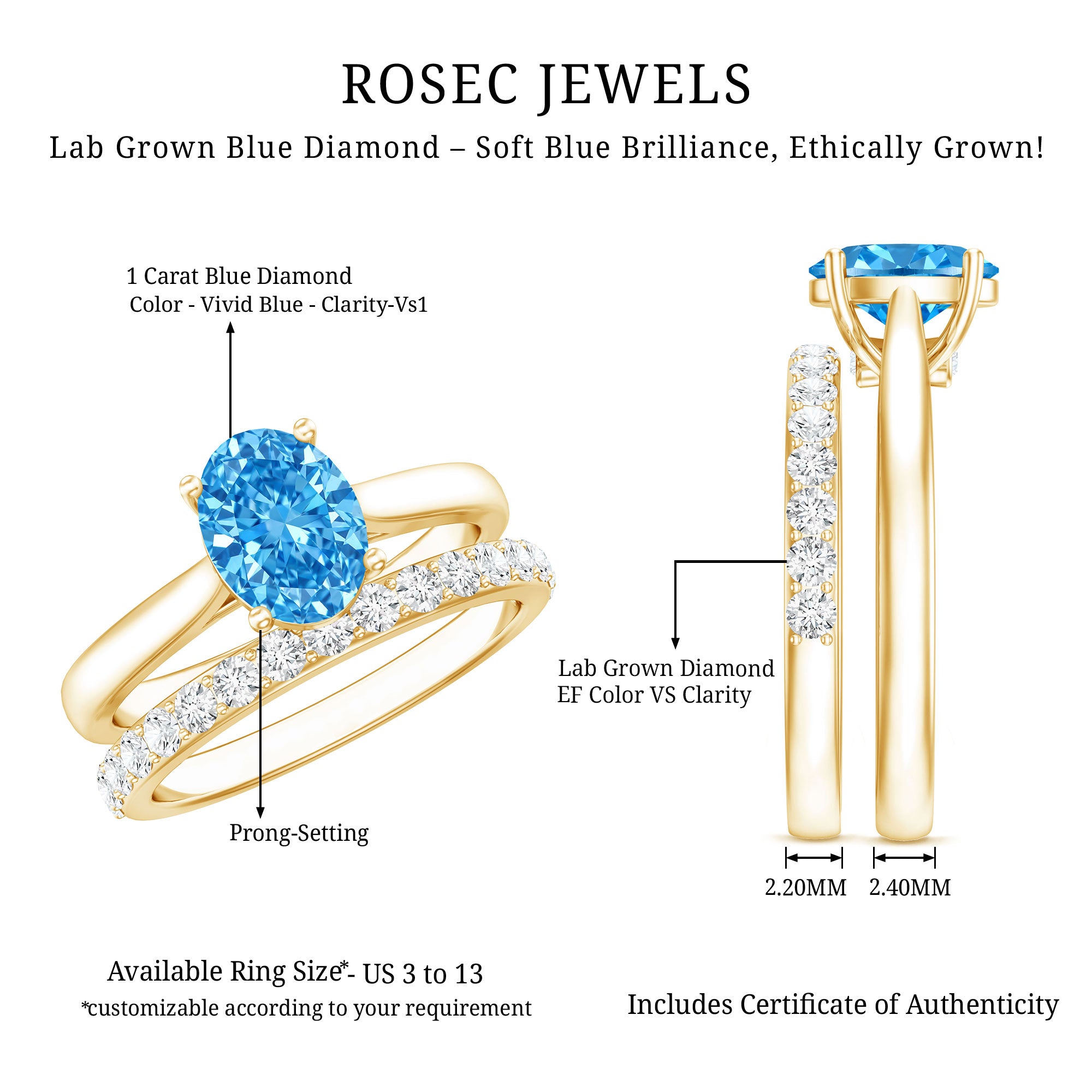 IGI Certified Oval 1 Carat Lab Grown Blue Diamond Wedding Ring Set Vivid Blue - VS1 - Rosec Jewels
