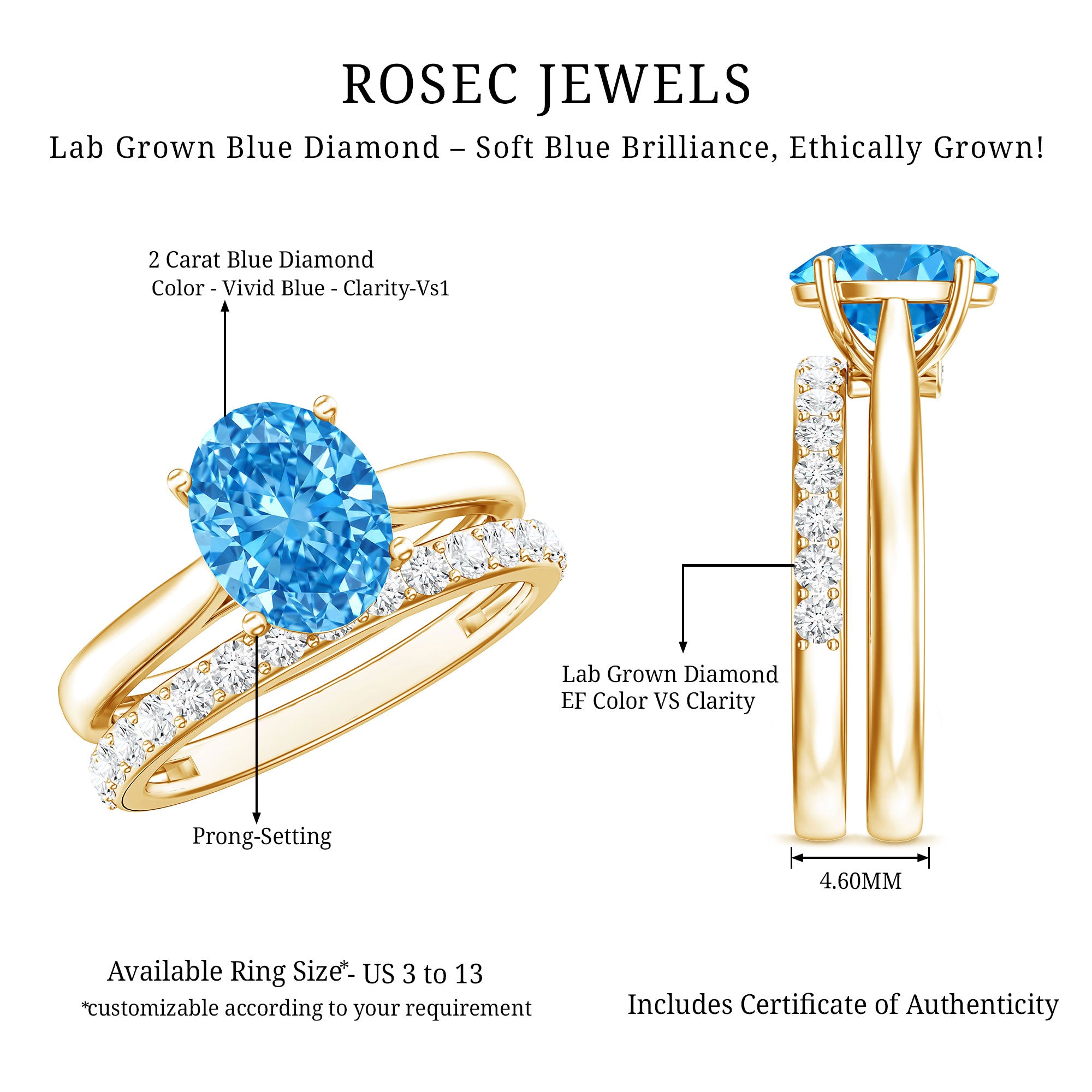 IGI Certified 2 Carat Oval Lab Grown Blue Diamond Bridal Ring Set for Women Vivid Blue - VS1 - Rosec Jewels