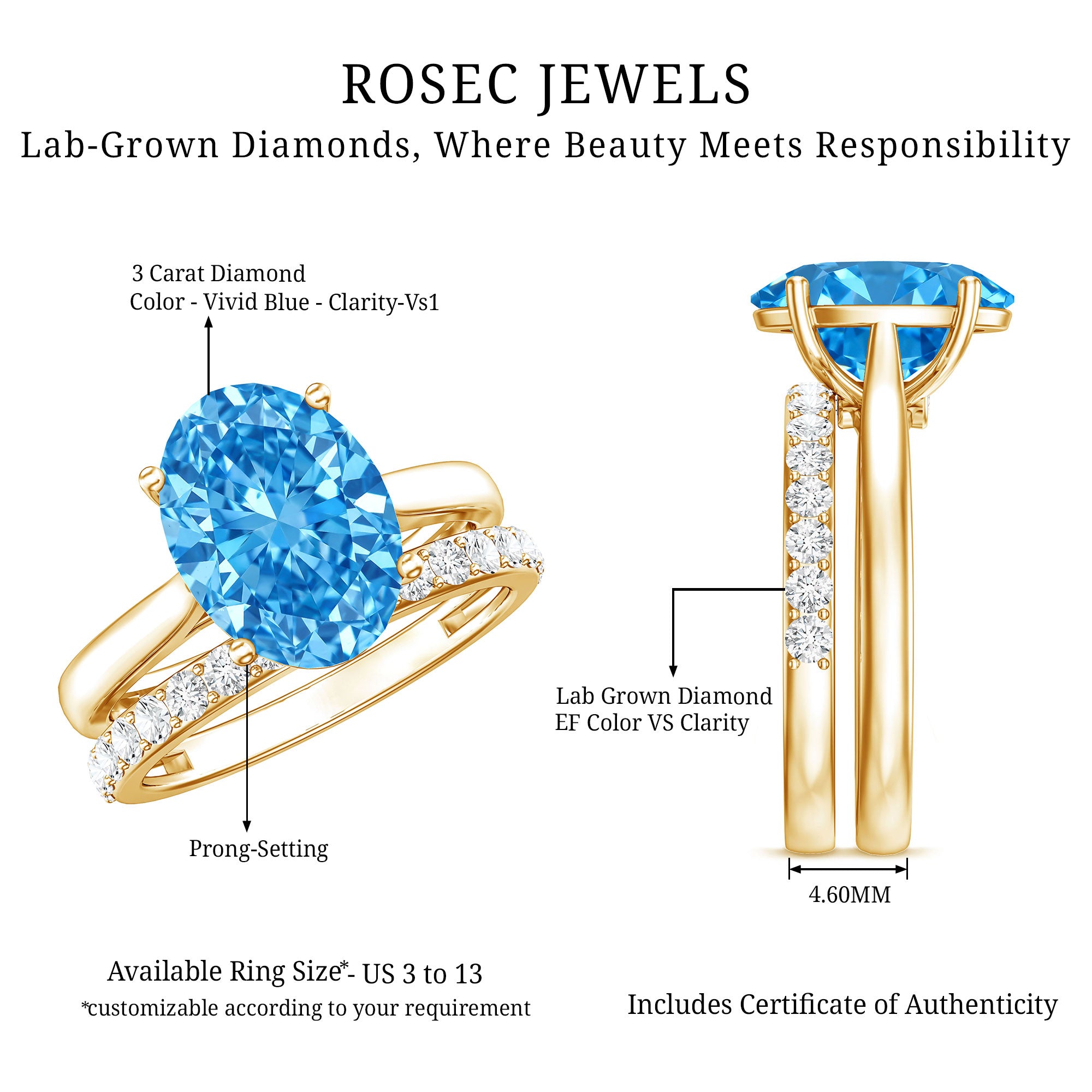 Lab Grown Blue Diamond 3 Carat Oval Bridal Ring Set with IGI Certificate Vivid Blue - VS1 - Rosec Jewels