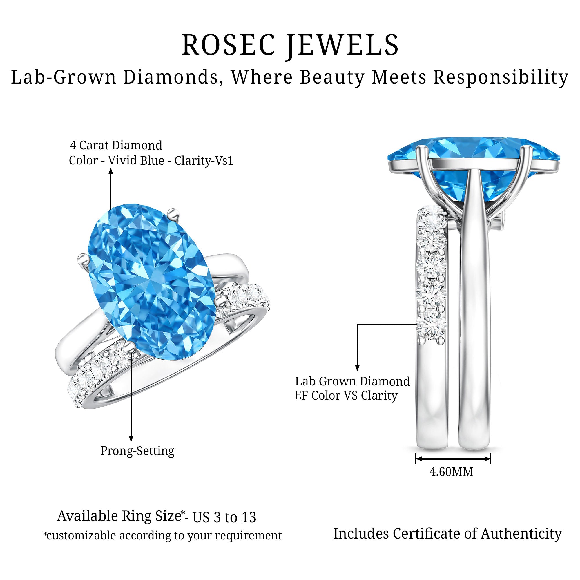 IGI Certified 4 Carat Oval Lab Grown Blue Diamond Engagement Ring with Enhancer Vivid Blue - VS1 - Rosec Jewels