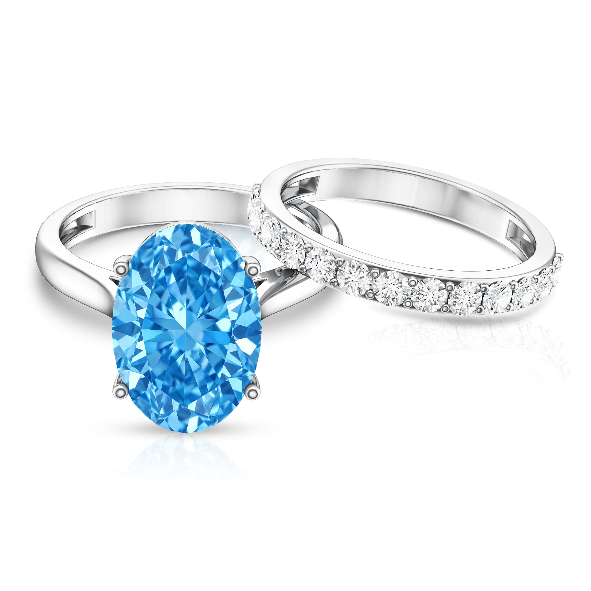 5 Carat Oval Lab Grown Blue Diamond Engagement Ring and Wedding Band with IGI Certificate Vivid Blue - VS1 - Rosec Jewels