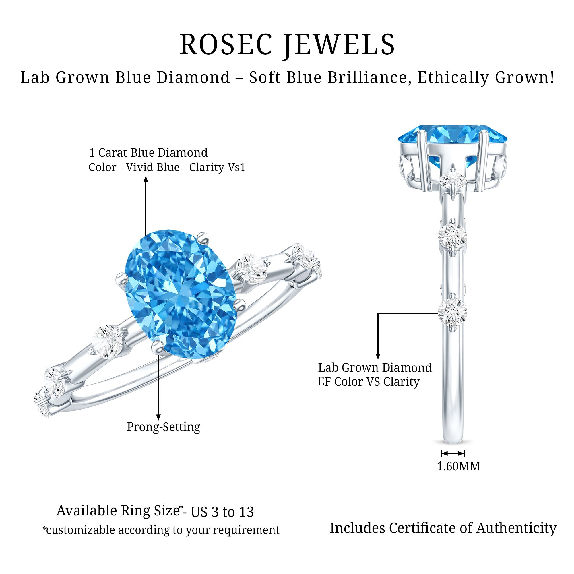Rosec Jewels-Oval Shaped 1 Carat Lab Grown Blue Diamond Solitaire Ring with IGI Certificate