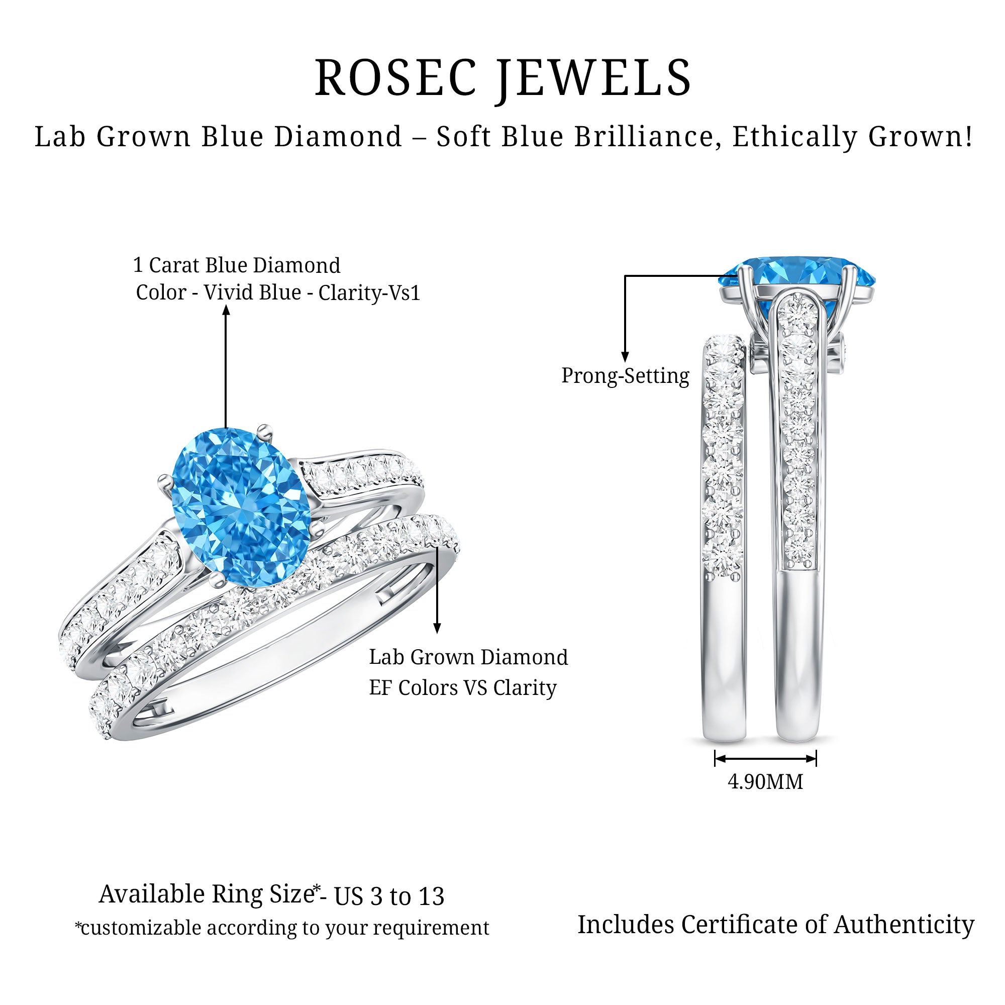 Oval Shaped 1 Carat Lab Grown Blue Diamond Bridal Ring Set IGI Certified Vivid Blue - VS1 - Rosec Jewels