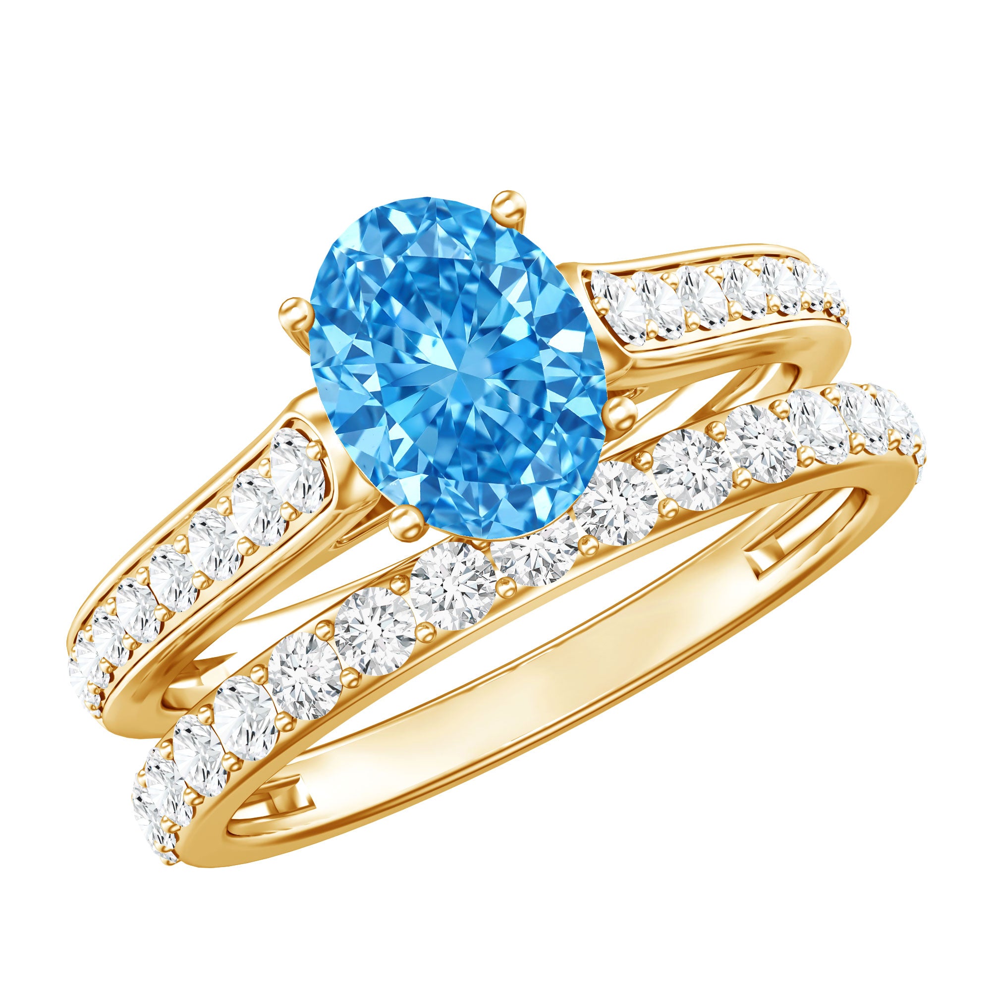 Oval Shaped 1 Carat Lab Grown Blue Diamond Bridal Ring Set IGI Certified Vivid Blue - VS1 - Rosec Jewels