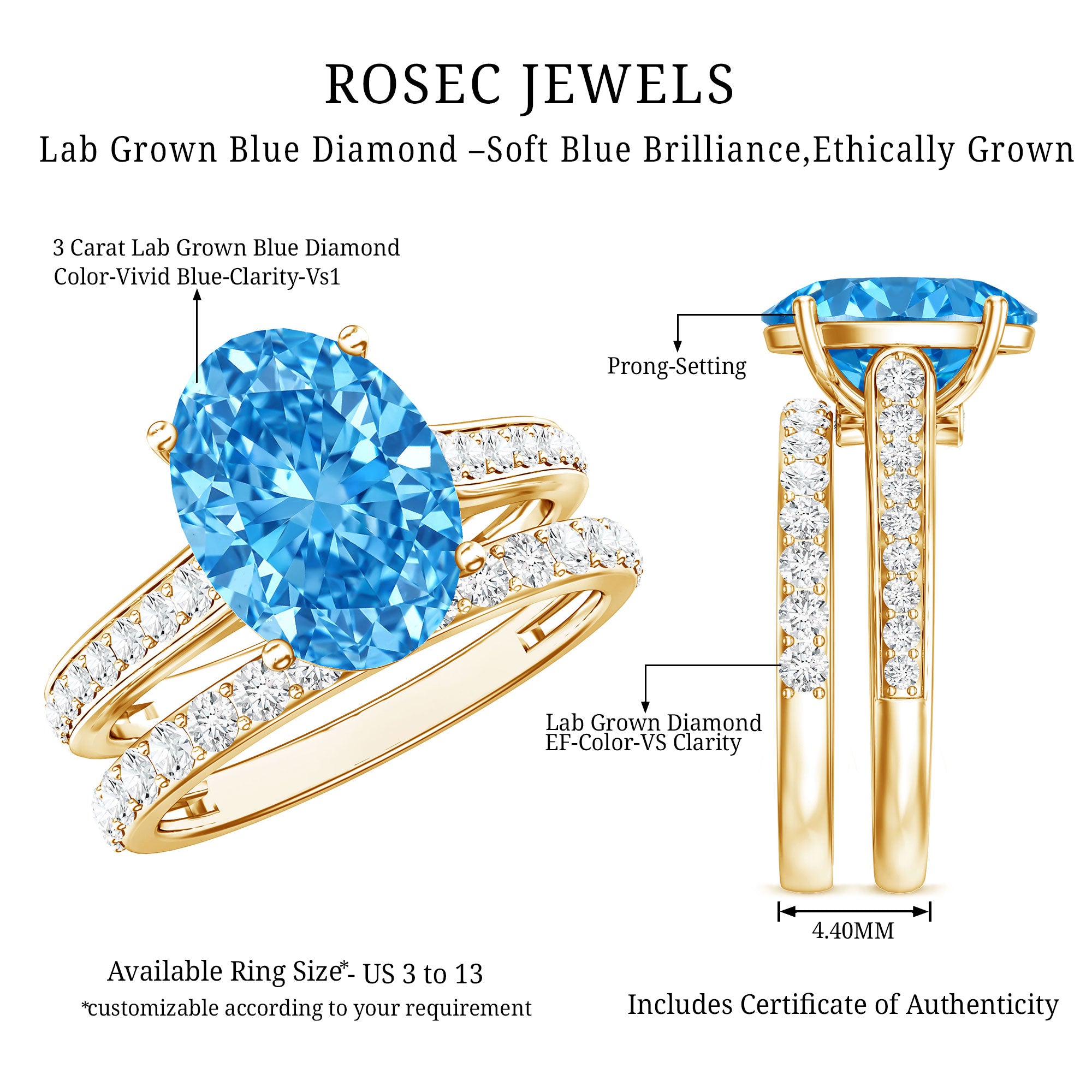 3 Carat Lab Grown Blue Diamond Oval Wedding Ring Set with IGI Certificate Vivid Blue - VS1 - Rosec Jewels