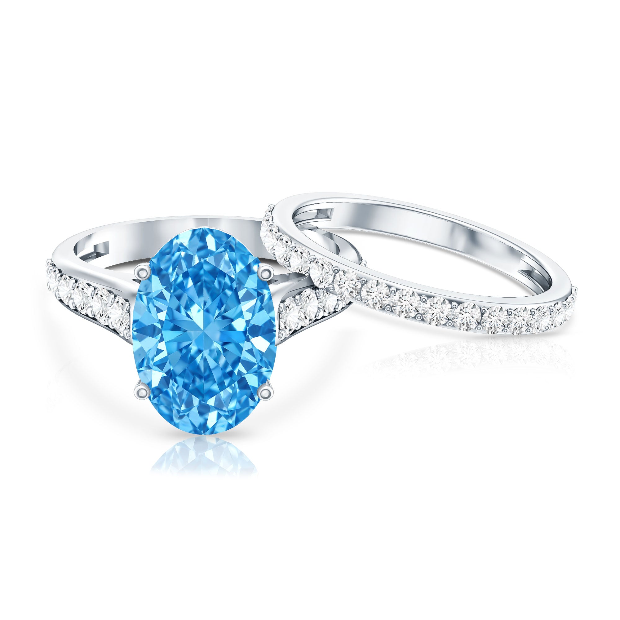 IGI Certified 4 Carat Oval Shape Lab Grown Blue Diamond Bridal Ring Set for Her Vivid Blue - VS1 - Rosec Jewels