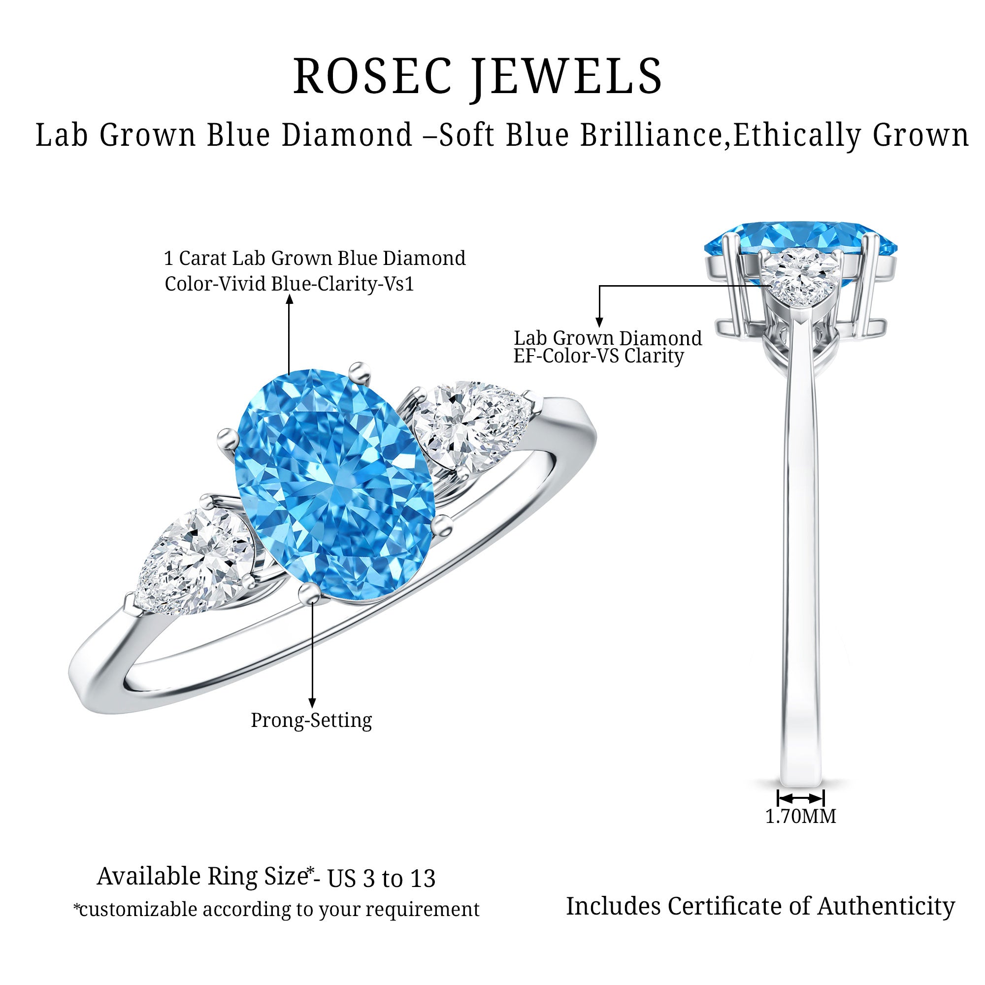 IGI Certified 1 Carat Lab Grown Blue and White Diamond Three Stone Engagement Ring Vivid Blue - VS1 - Rosec Jewels