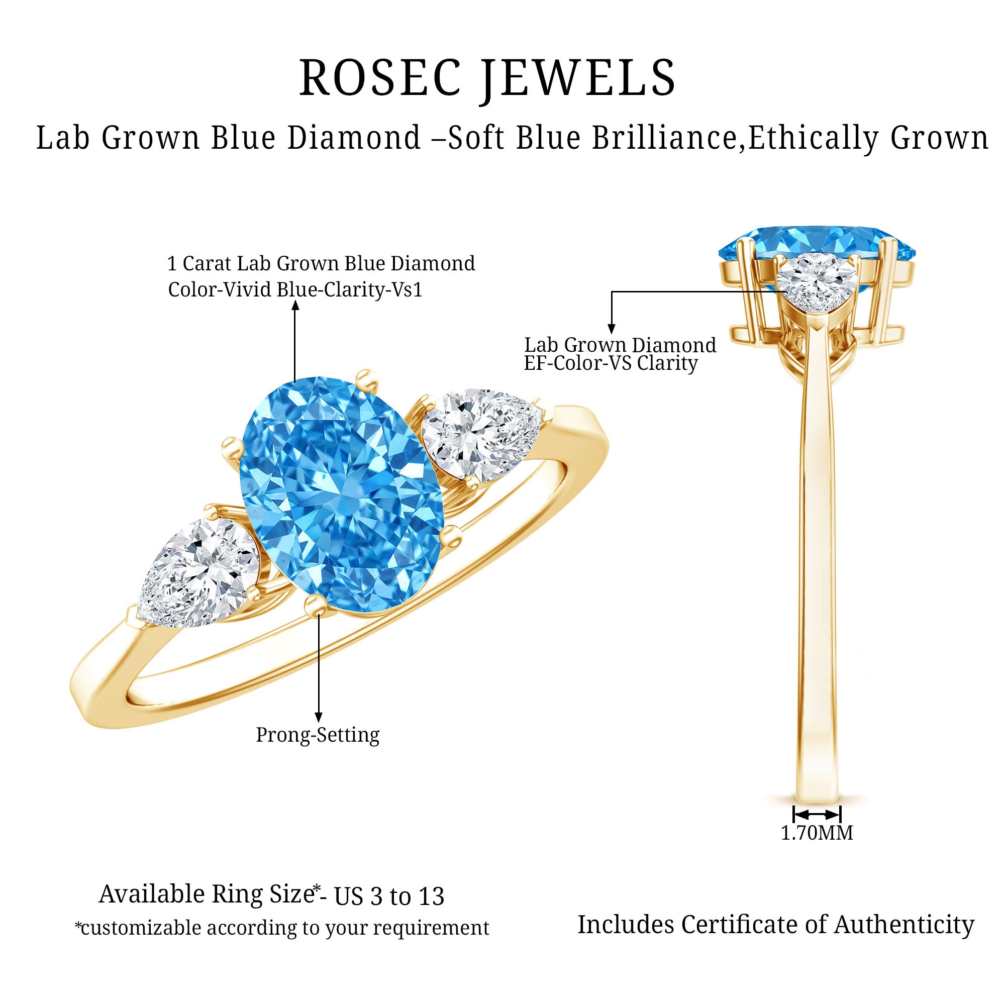 IGI Certified 1 Carat Lab Grown Blue and White Diamond Three Stone Engagement Ring Vivid Blue - VS1 - Rosec Jewels