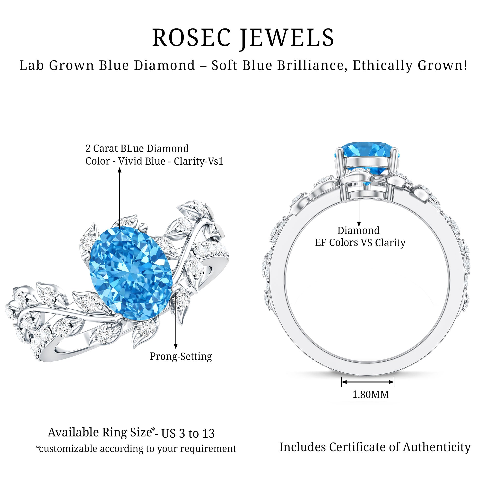 Rosec Jewels-Nature Inspired 2 Carat Lab Grown Diamond Vine Engagement Ring with IGI Certificate