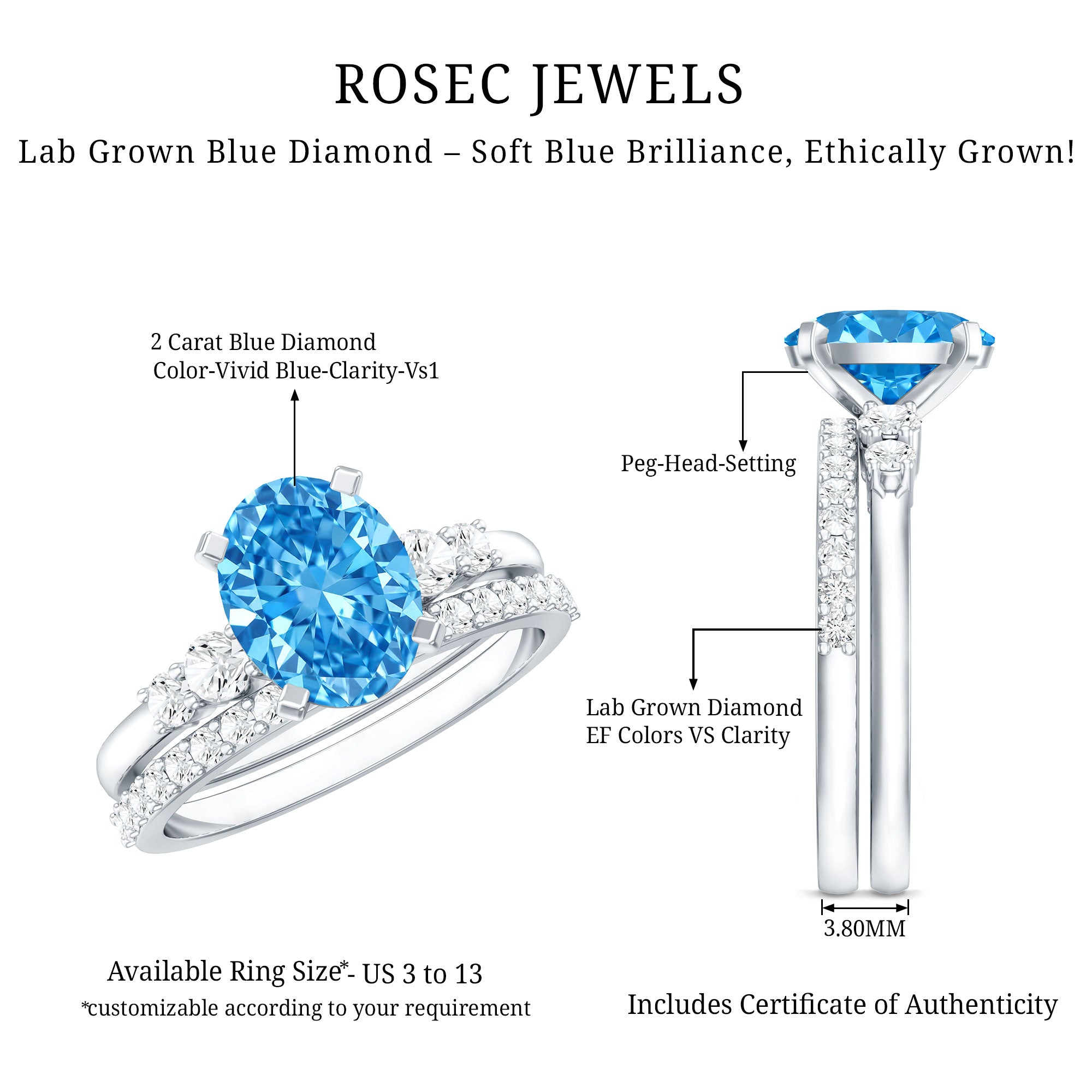 Rosec Jewels-2 Carat Lab Grown Blue Diamond Oval Wedding Ring Set with IGI Certified